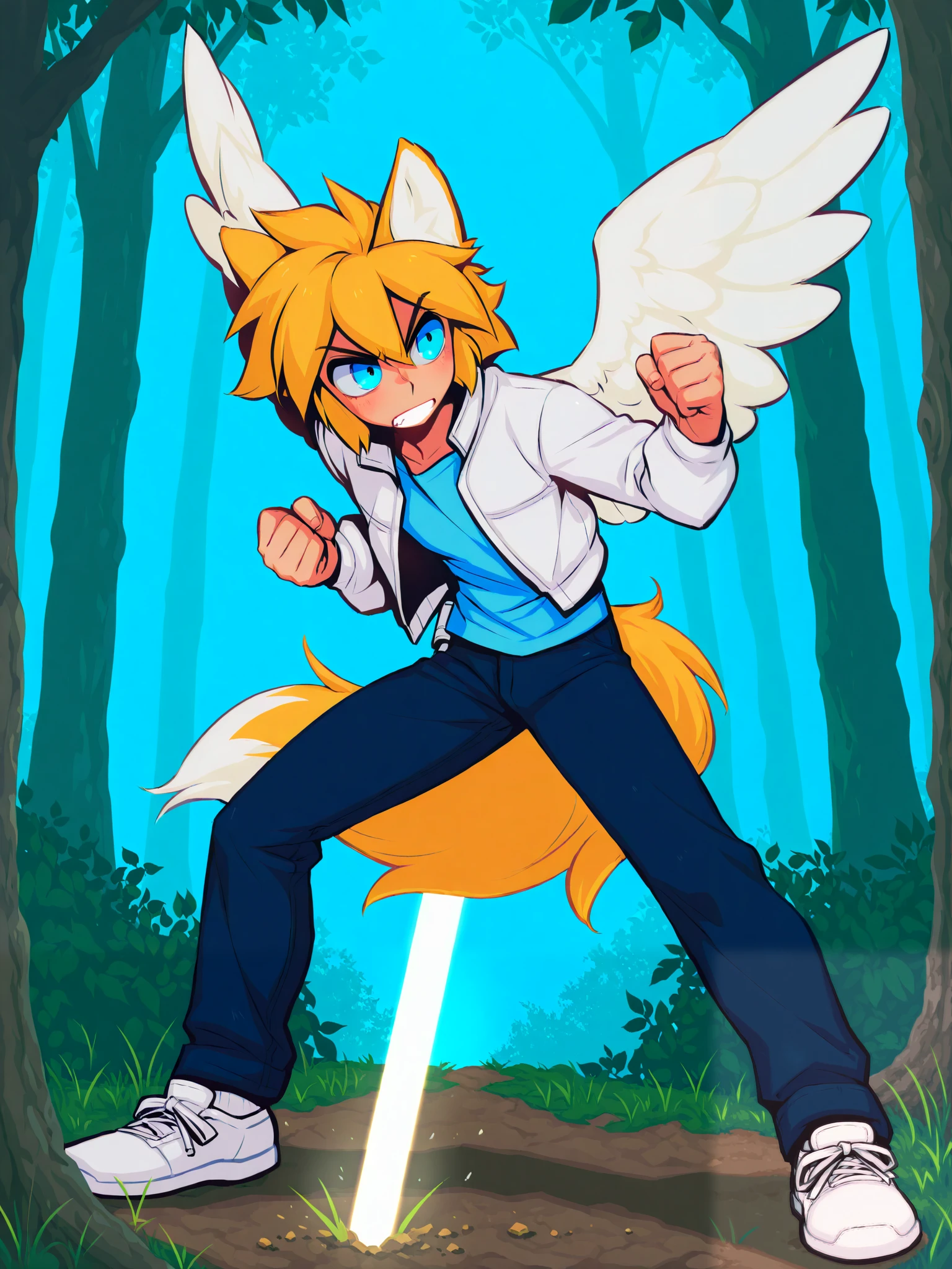 combat stance, prepared to fight, 1male, calm, white lightsaber, bright sunny day, beautiful forest, combat stance, average height, blonde hair, blonde wolf ears, blonde wolf tail, white wings, blue eyes, blue shirt, white jacket, blue jeans, white shoes, white socks, (masterpiece), best quality, expressive eyes, perfect face, ,score_9, score_8_up, score_7_up,source_anime,BREAK