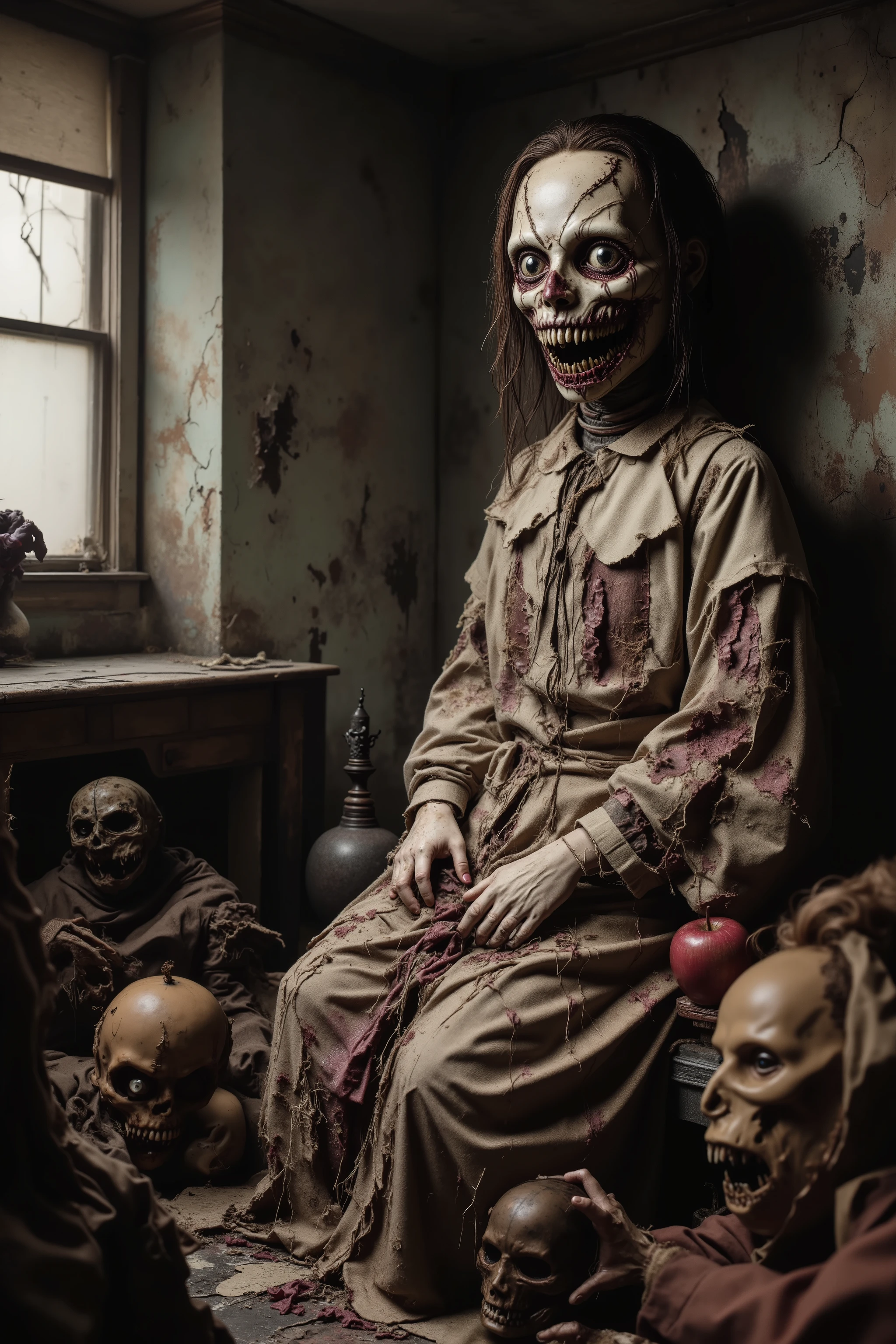 Old lonely bedroom. Walls falling apart. Filthy run down room with toys. One large sad, creepy, morbid, disgusting rag of a doll sitting in a chair. Patches of dark hair on it's head. Torn, dirty fabric, coming apart at the seams. Terrified smaller stuffed animals look around with fear. Startling scene. Horrific evil doll with devil eyes. Sad scene.Macabre. Demonic, creepy doll. Iconic images. Depressing scenes. Photo-realistic, ultra-detailed, realism, portrait photography,cinematic portrait, cinematic photography, UHDR, full focus, highest quality, cinematic lighting, attention to detail,optical illusions, unique, cinematography, best quality, masterpiece.
