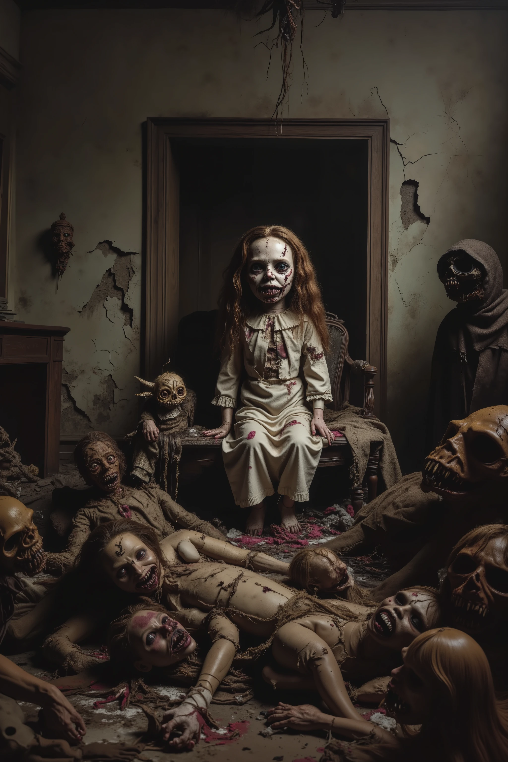 Old lonely bedroom. Walls falling apart. Filthy run down room with toys. One large sad, creepy, morbid, disgusting rag of a doll sitting in a chair. Patches of dark hair on it's head. Torn, dirty fabric, coming apart at the seams. Terrified smaller stuffed animals look around with fear. Startling scene. Horrific evil doll with devil eyes. Sad scene.Macabre. Demonic, creepy doll. Iconic images. Depressing scenes. Photo-realistic, ultra-detailed, realism, portrait photography,cinematic portrait, cinematic photography, UHDR, full focus, highest quality, cinematic lighting, attention to detail,optical illusions, unique, cinematography, best quality, masterpiece.