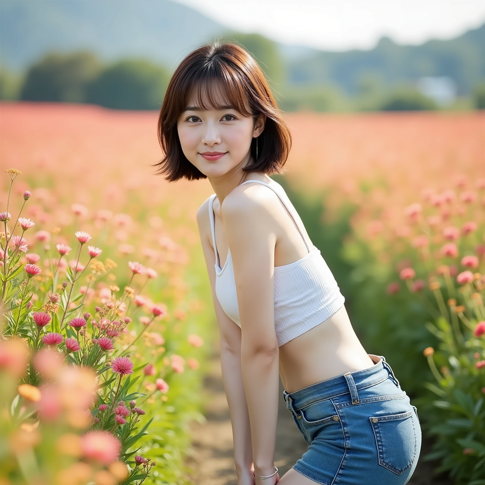 table top, Beautiful Woman, (30 years old、 Japanese ), (Countryside Background、Flower Field、 bright colors), ,( blue tight denim jeans :1.2), ((( beautiful hair、 bob hair, tea hair))), feet, ( skin texture:1.1), best quality , super A high resolution, ( realistic: 1.4), RAW photo, , Nikon D850 Film Stock Photos , 1 1 1.6 Lenses, Wide range of colors, realistic, Cinestill 800, backlit, rimlight, studio lighting , ( } It is shown with its back turned to the viewer )、(両feetを広げて立っている:1.6)、( Blue mini skirt with :1.6)、(Bend your waist slightly :1.5)、( bending over, Blue mini skirt with :1.6)、( Gentle Smile :1.6)、( female 1 person)