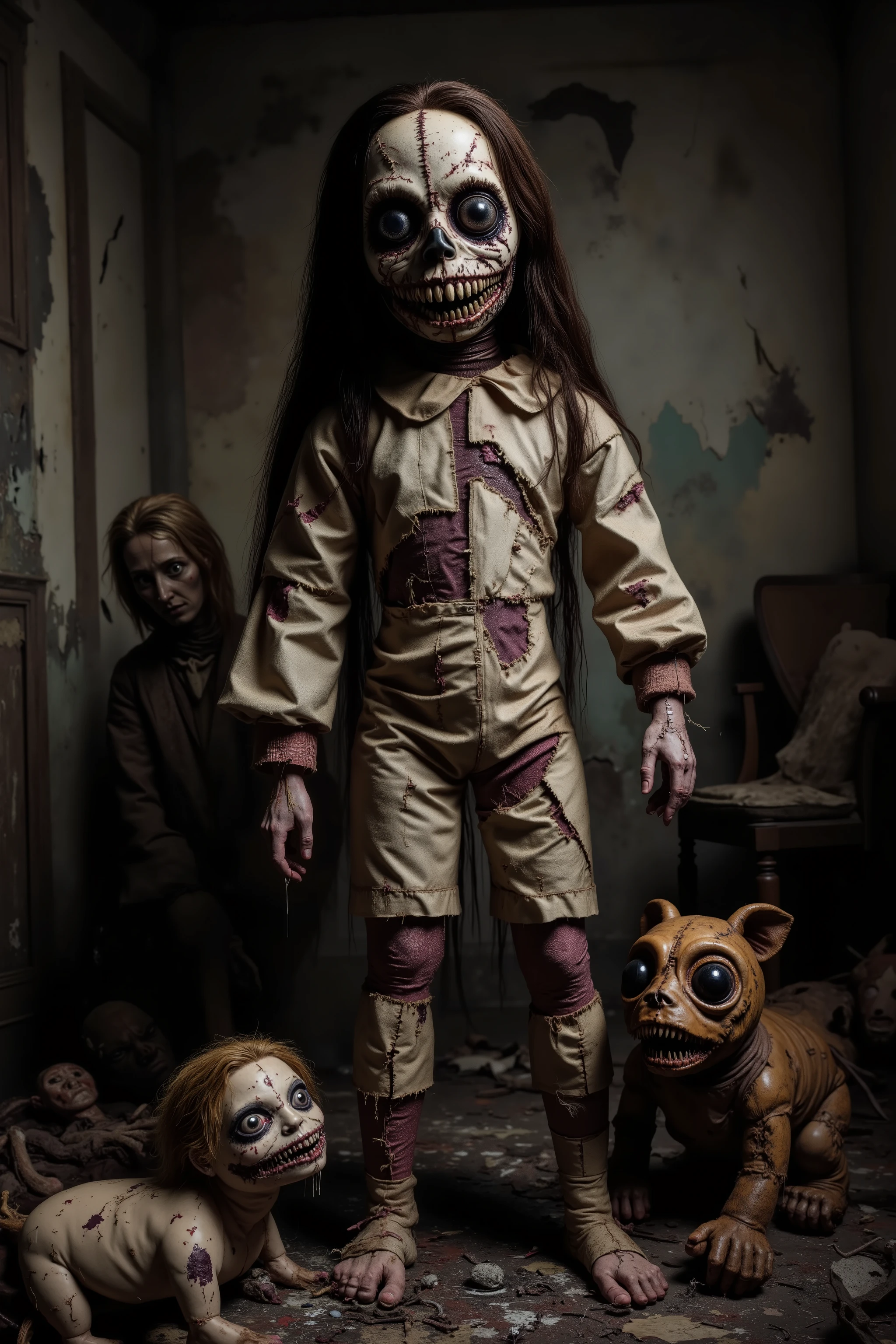 Old lonely bedroom. Walls falling apart. Filthy run down room with toys. One large sad, creepy, morbid, disgusting rag of a doll sitting in a chair. Patches of dark hair on it's head. Torn, dirty fabric, coming apart at the seams. Terrified smaller stuffed animals look around with fear. Startling scene. Horrific evil doll with devil eyes. Sad scene.Macabre. Demonic, creepy doll. Iconic images. Depressing scenes. Photo-realistic, ultra-detailed, realism, portrait photography,cinematic portrait, cinematic photography, UHDR, full focus, highest quality, cinematic lighting, attention to detail,optical illusions, unique, cinematography, best quality, masterpiece.