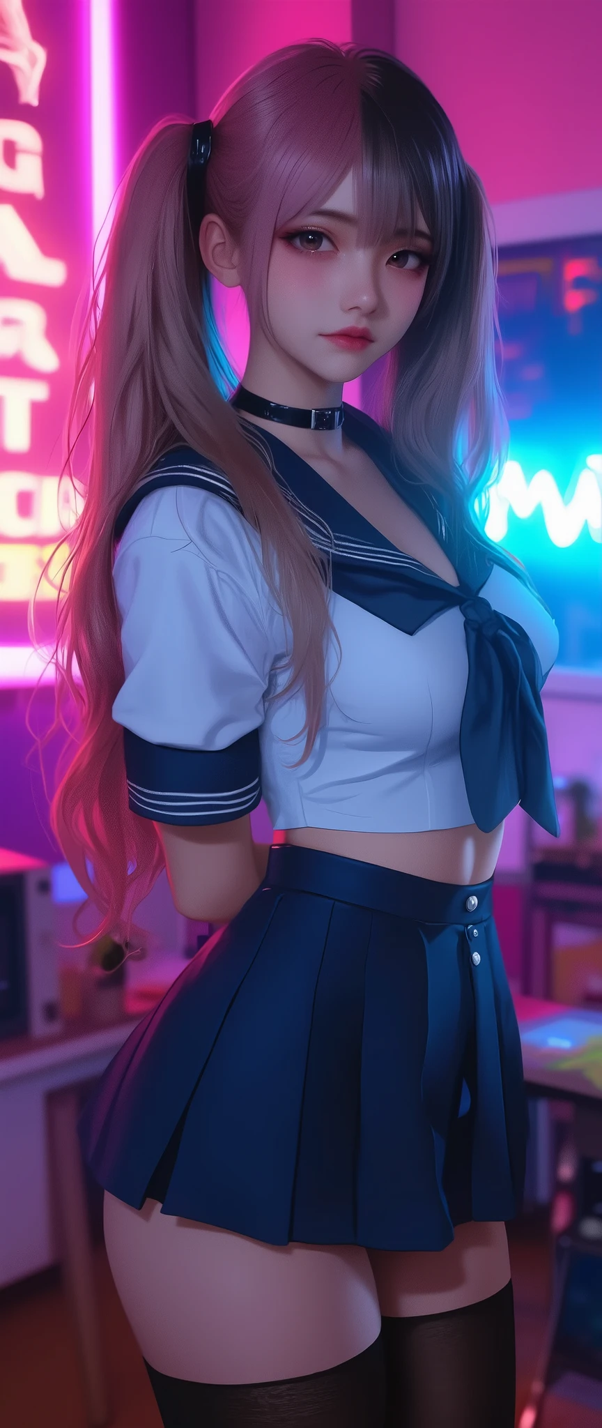 1 girl,Alone, Bicolor Hair ,black and pink hair, split color hair、 twin tails, Put the hair on one eye , slender body,(white sailor uniform:1.5、 dark blue skirts :1.4), sexy pose, dynamic angles, detailed background , knight , neon light, Shadow, very detailed on trends 、(Big Breasts)、 standing、Wide waist、arms behind back、Short sleeve、 black stockings、(giant breasts)、gal、classroom、 choker、SPLIT-COLOR HAIR