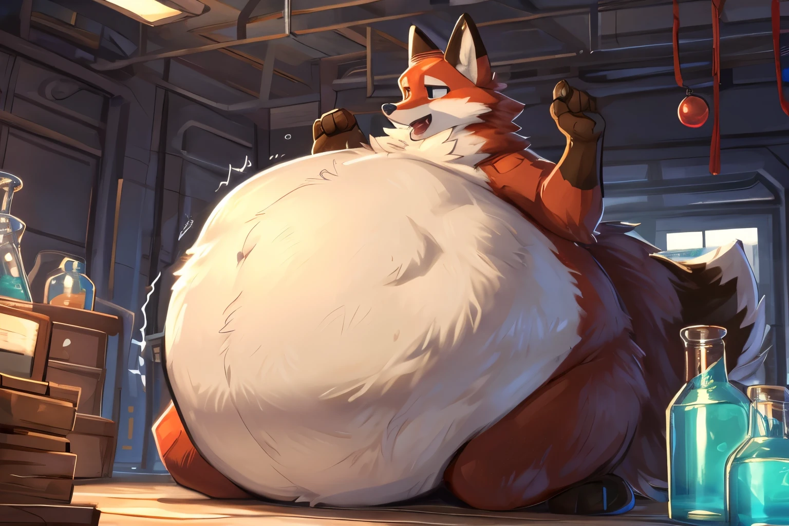 A very obese male red fox、Face looking up、Very short legs、Wet tongue、The face of a barking red fox、Anime-style crimson eyes、A body covered with a lot of fat、Abnormally obese head、A lot of fat on the neck、A belly so obese it covers the ground、Fat gap、Abdomen swollen enough to touch the ground、A huge, mountain-like swollen abdomen、Abnormally fat arms、Overweight and flabby legs、A body that seems to be crushed by a huge abdomen、A body that fills the screen、In a very dirty room、Rubble background