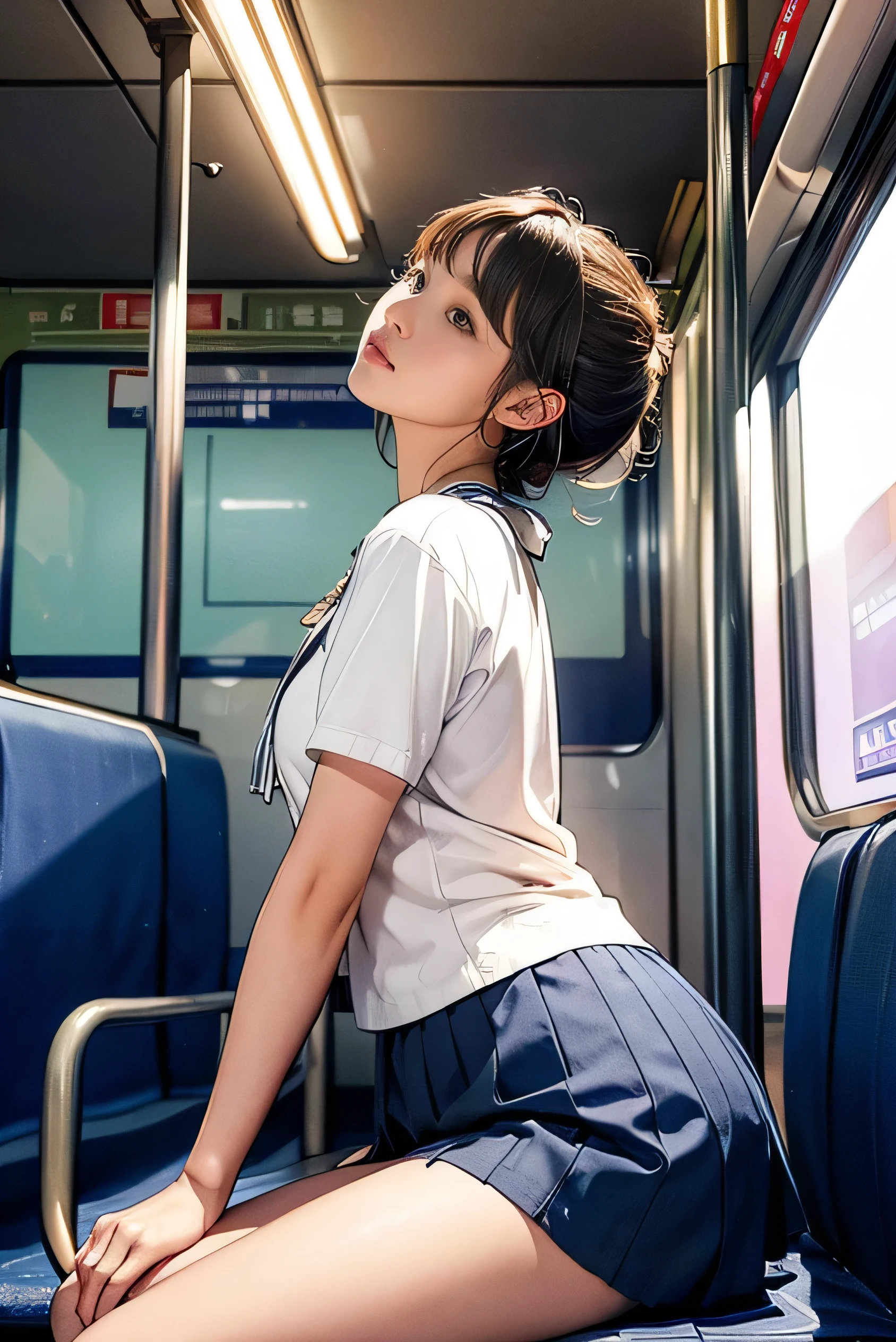 a beautiful young girl in a school uniform, extremely detailed, sexy, with large breasts(1.2), sticking out her butt(1.3), in ecstasy(1.3), shiny and delicate realistic skin, (best quality,4k,8k,highres,masterpiece:1.2),ultra-detailed,(realistic,photorealistic,photo-realistic:1.37), up skirt, sitting in a train, (spread legs:1.2),panty,