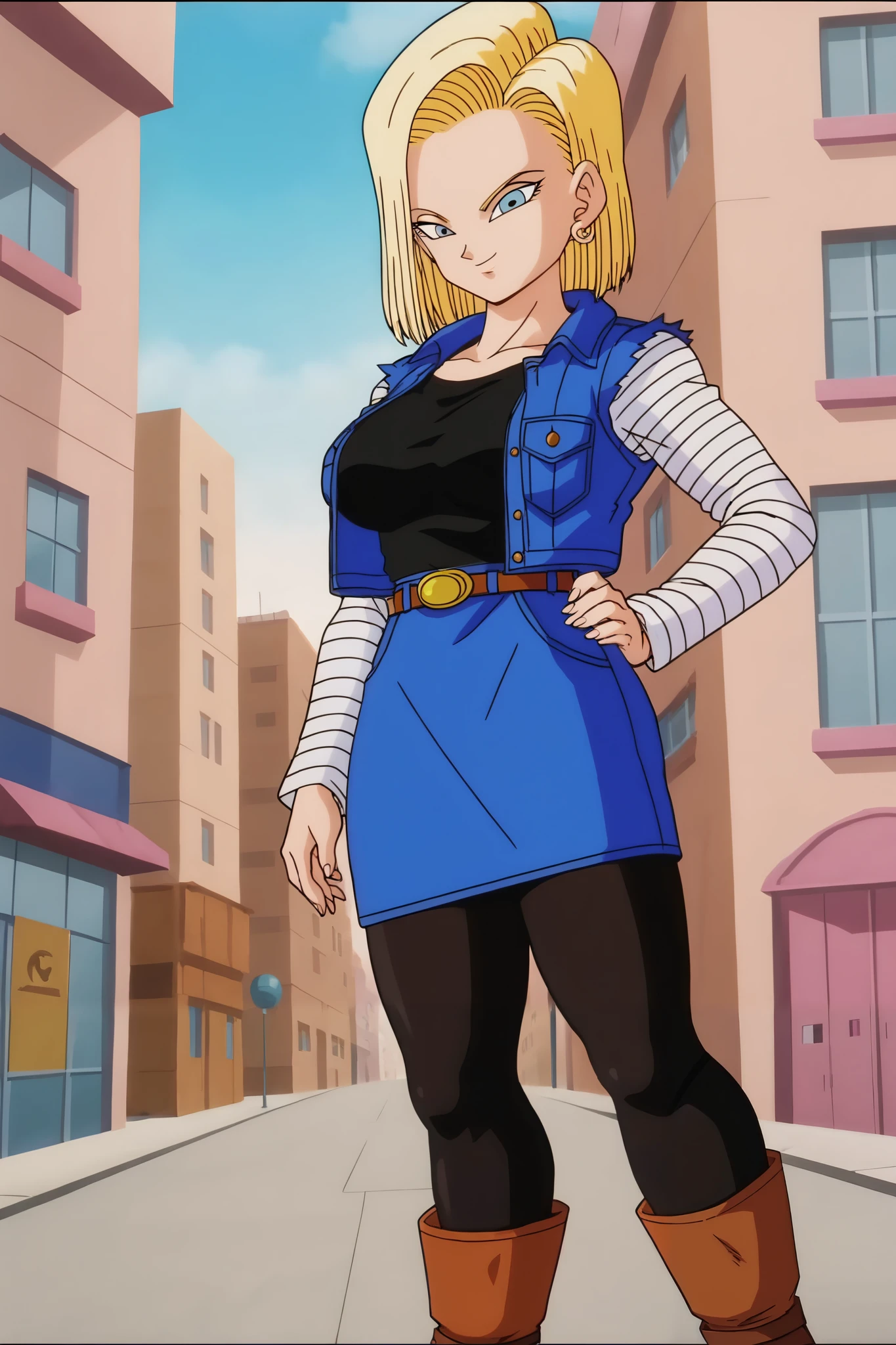 source_anime, score_9, score_8_up, score_7_up, anime screencap,
detailed face, android 18, supertop, 1girl, solo, looking at viewer, short hair, blue eyes, blonde hair, large breasts, collarbone, hoop earrings, city, street, collar up, black top, striped sleeves, denim vest, denim skirt, pantyhose, brown boots, sexy pose, flirty smile, closed fists, from below,