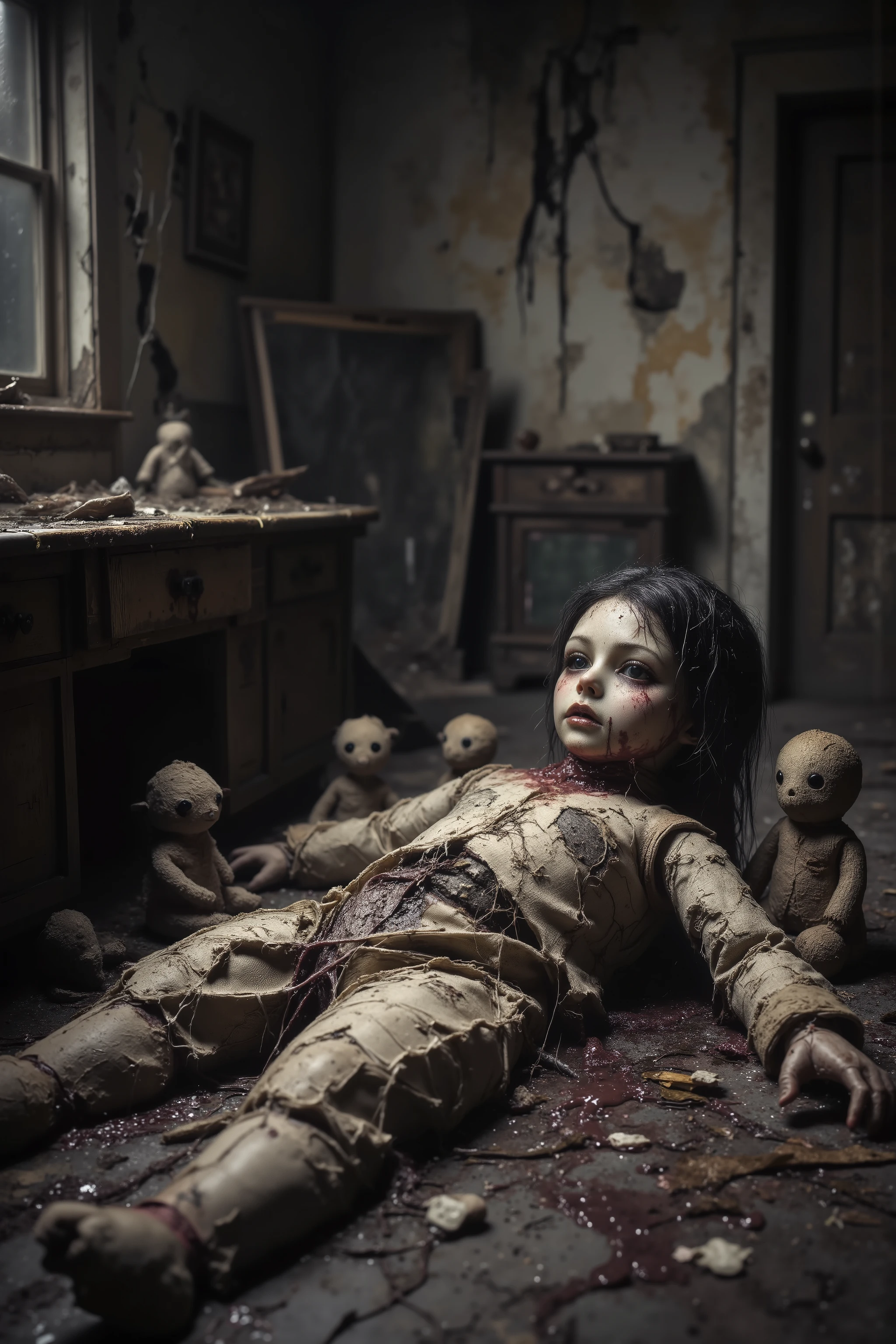 Old lonely bedroom. Walls falling apart. Filthy run down room with toys. One large sad, creepy, morbid, disgusting rag of a doll lays on the filthy floor. Patches of dark hair on its head. Its torn, dirty fabric body comes apart at the seams. Its large vacant eyrs stare into oblovion. Several smaller stuffed animals stand around the large doll, attempting to help it or revive it back to health, their faces sad and concerned. Iconic scene. Macabre. Demonic, creepy doll. Iconic images. Most depressing scenes ever. Photo-realistic, ultra-detailed, realism, portrait photography,cinematic portrait, cinematic photography, UHDR, full focus, highest quality, cinematic lighting, attention to detail,optical illusions, unique, avant garde, cinematography, best quality, masterpiece.