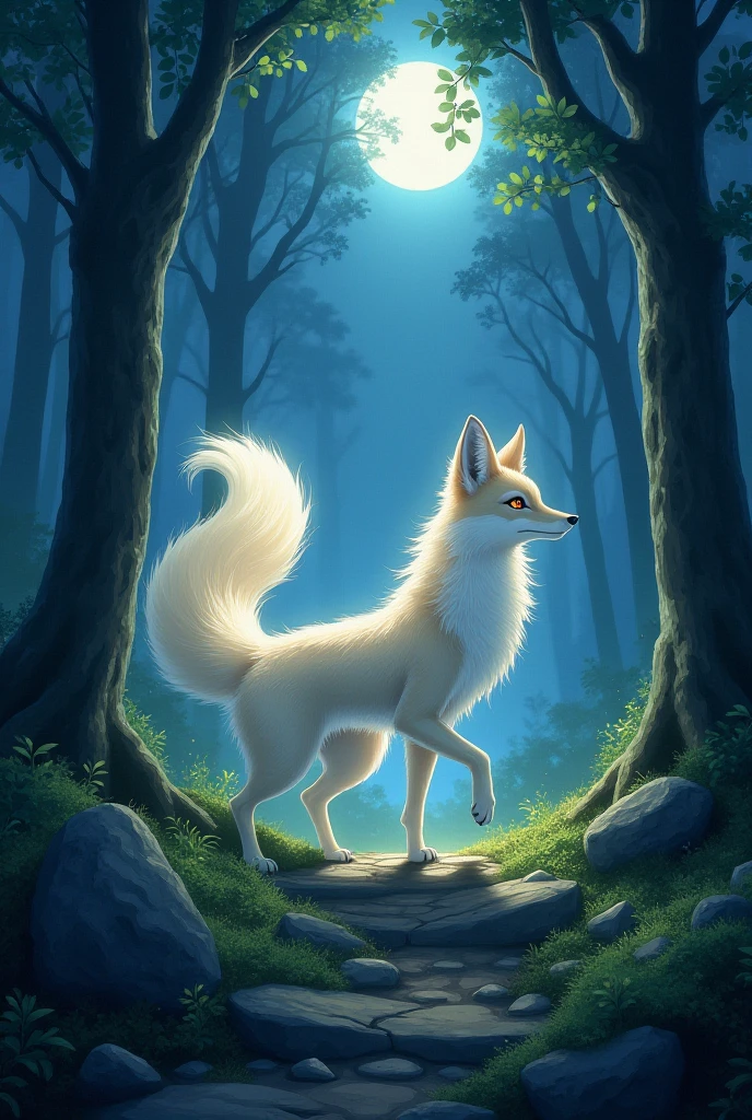 （（（White fox with 9 tails））））, feral, feral fox, Highest quality, Highest quality, High quality illustrations, masterpiece, Ultra-high resolution, Detailed Background, night, Absurd, Perfect Anatomy, performance, Good lighting, fox, white fur, NSFW, canine penis, presenting penis, looking at viewer, half-closed eyes, smug smile, smile, spread pussy, bodily fluids, side view