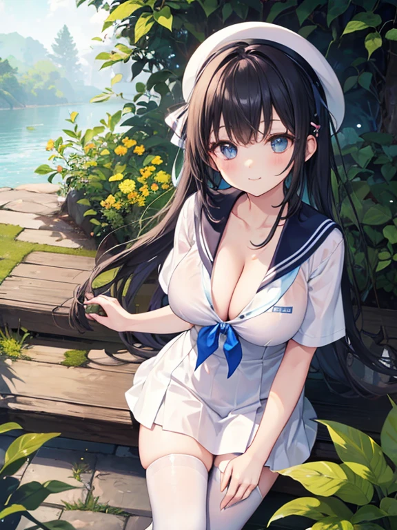 highest quality、High resolution、detailed background、Beautiful and dense face、beautiful and smooth skin、skin texture、black hair braid twintails、(huge breasts:1.3)、(realistic:1.2)、perfect body line、(3人のcute女の子:1.6)、
((Thin white sailor suit made of see-through material:1.3))、((Sheer white sleeveless sailor dress with see-through material:1.3))、white sailor collar、(No panties、No bra:1.2)、(My clothes are wet and transparent:1.2)、the whole body is wet、water dripping、hair is wet、(Three people having fun at a water play spot:1.2)、Laugh playfully、smile、sexual expression、emphasize the chest、emphasize cleavage、emphasize the underboob、
Puff out your cheeks to express shyness or cuteness、Tie your hair around your fingers or place it behind your ear、
Bow or wave?、cute、panty shot、camel toe