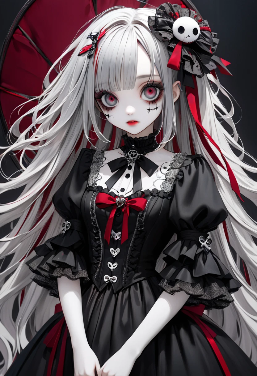 Perfect Anatomy、highest quality、Masseter muscle area、Ultra-detailed、8k、Accurate depiction of the human body、Full body angle、Delicately painted face、Fine grain,Beautiful Eyes、Infinitely clear eyes、Woman with beautiful face、Gothic Lolita Fashion、Black Gothic Lolita Fashion、Black and white outfit、Beautiful silky silver hair:1.5、Big red hair ornament、Red ribbon hair ornament、Big red hair ornament、Are standing、Front Angle、Full body angle、(((Blurred Background:1.5、Photo Studio、Gray background:1.5、Gray background、Gray background、Gray background、Gray background、Cinema Lighting、Professional Photographer)))