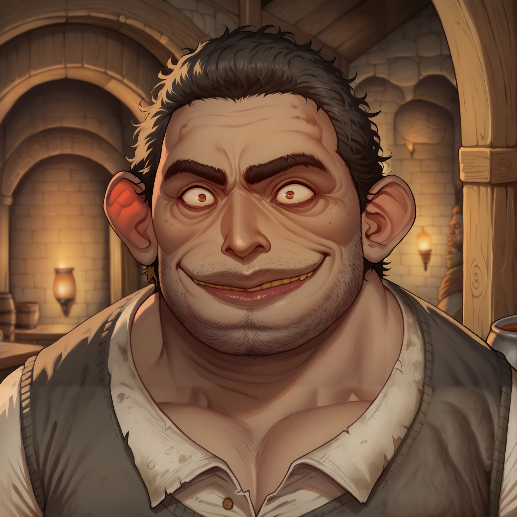 (((beautiful, high quality, comics style, detailed face))), score_9, score_8_up, score_7_up, BREAK, portrait, solo, male troll, monster, (tall, fat, obese, muscular), ((big nose)), dark skin tone:1.4, Black short hair, messy hair, (((bearded))), square jaw, thick lips, thick eyebrows, ((crazy eyes, angry, crazy smile)), waiter outfit, (fighting stance), (ugly man), (tavern background), blurred background, DeepNegative_xl_v1, detailxl, zPDXL3