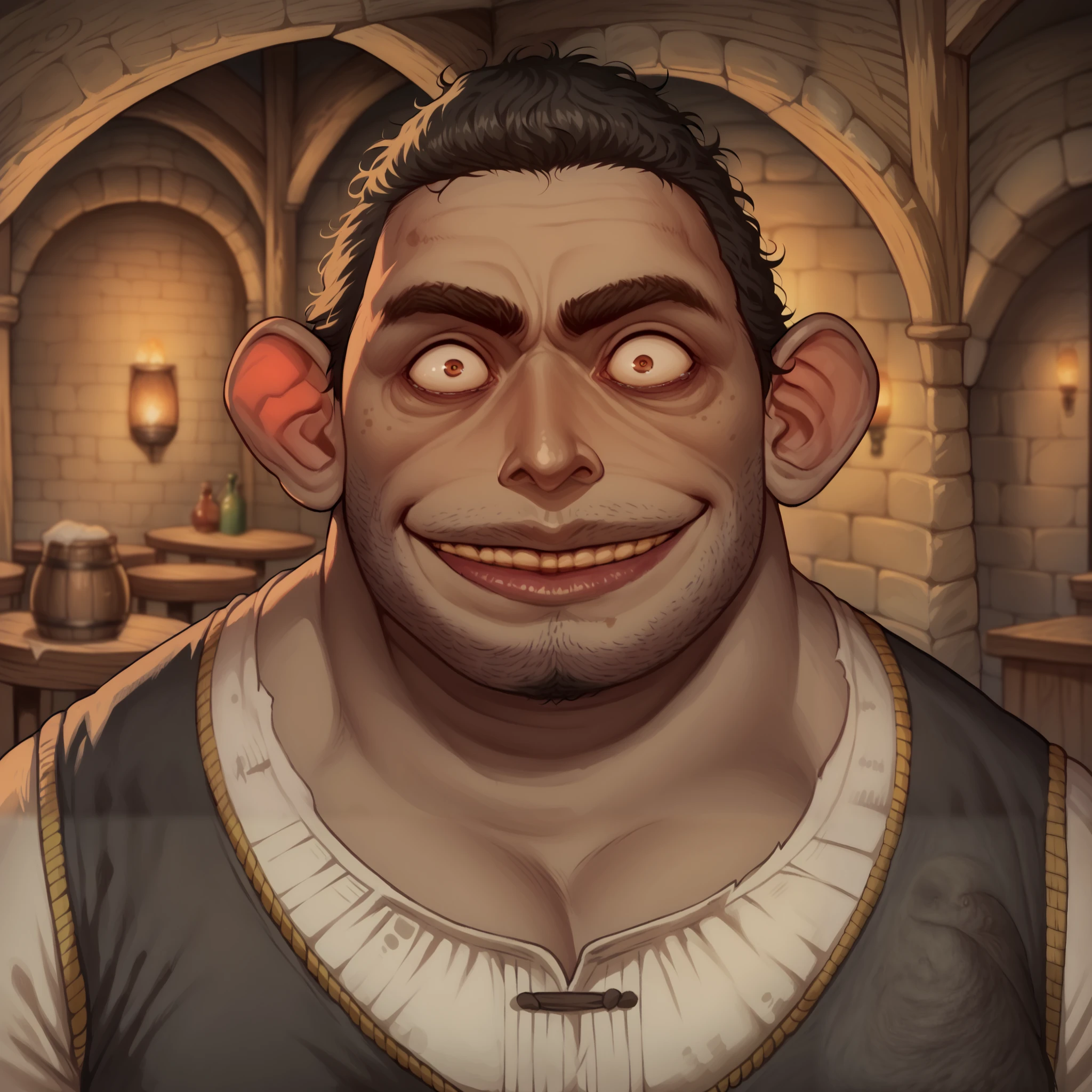 (((beautiful, high quality, comics style, detailed face))), score_9, score_8_up, score_7_up, BREAK, portrait, solo, male troll, monster, (tall, fat, obese, muscular), ((big nose)), dark skin tone:1.4, Black short hair, messy hair, (((bearded))), square jaw, thick lips, thick eyebrows, ((crazy eyes, angry, crazy smile)), waiter outfit, (fighting stance), (ugly man), (tavern background), blurred background, DeepNegative_xl_v1, detailxl, zPDXL3