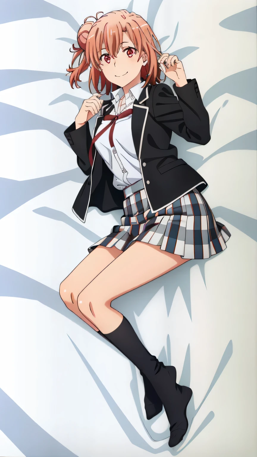 {{{masterpiece}}}, (best quality:1.5), (ultra-detailed:1.5), {illustration}, {{an extremely delicate and beautiful}}, (beautiful detailed eyes:1.6), absurdres, highres, extremely detailed face, 16k, hd, visual anime de uma jovem mulher, extremamente bonito rosto de anime, anime melhor garota, (perfect hands, perfect anatomy), anime face, Yuigahama Yui (Oregairu), aayui, 1girl, solo, cute face, (short hair:1.2), (single side bun:1.5), hair between eyes, pink hair, big eyes, (red eyes:1.4), big breasts, big hips, curvaceous, BREAK, {school uniform}, black jacket, long sleeve, (open jacket:1.2), white shirt, collared shirt, (shirt tuck out:1.2), red ribbon tie, (plaid skirt:1.2), mini skirt, pleated skirt, kneehighs socks, black socks, BREAK, lying, on back, smiling, embarrassed, flushed cheeks, looking at viewer, on the bed, dakimakura, CarnelianDakimakura