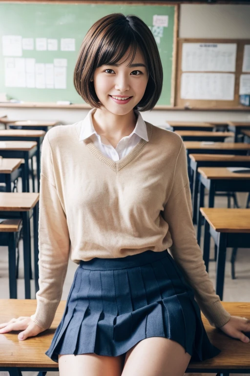 (8K High Resolution), (Highest quality), (RAW Image Quality),(Tabletop:1.2), (Realistic), (Realistic:1.37), ,Large Eyes,Long eyelashes,(Live-action realistic style),The ultimate face,Realistic light and shadow,Distinct facial features,,Fair skin, ),Best Portrait, One person,Beautiful attention to detail,Highly detailed skin,(Beautiful face with double eyelids), (realism: 1.4),((Full body image)) ,Delicate and beautiful face,,Female about 20 years old,(Beautiful Face 1.4),short hair,((Japanese schoolgirl in uniform)),((Show your best smile to the audience)),Red lipstick,Discomfort around the eyes,((Shooting in the classroom)),(Sitting with your underwear showing),Panties are fully visible.White color panties,(I like showing my underwear to the viewers.),(Show the audience your panties),((Japanese school girl uniform)),Red lipstick,Discomfort around the eyes,(Japanese schoolgirl in uniform),Wear a cardigan