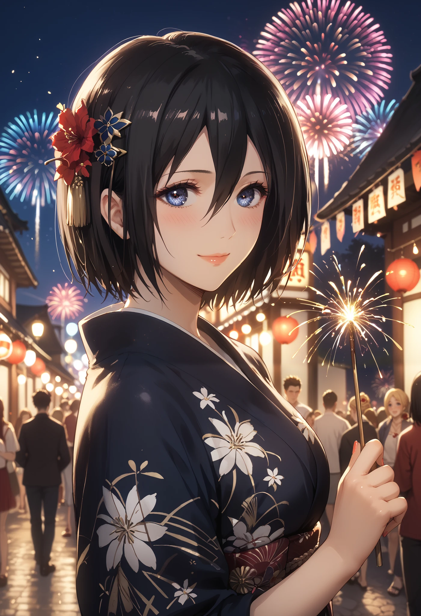 1girl, mikasa ackerman, solo, dutch angle, black hair, short hair, red flower-shaped hairpin, dark blue eyes, (beautiful detailed eyes: 1.2), dark indigo yukata, crimson obi belt, holding a sparkler, cute smile, blush, summer festival, beautiful night, fireworks, wallpaper, masterpiece, high quality, highly detailed