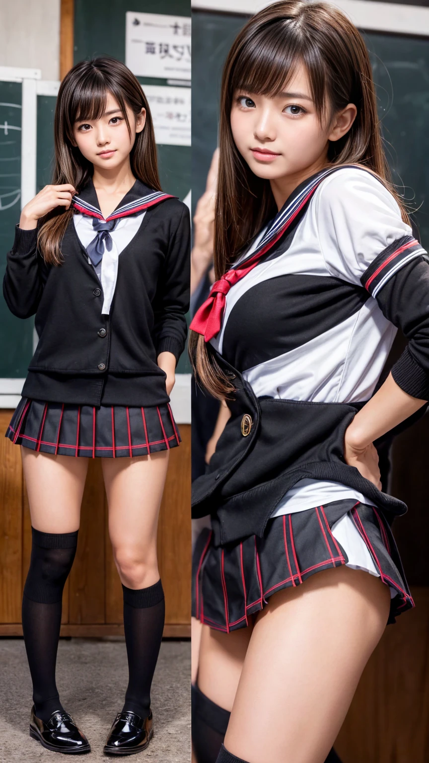 ((highest quality、8k、masterpiece:1.3)),((((cowboy shot)))),Ultra-high resolution,big eyes,Japanese,bangs,(a girl),(1 girl),20 years old,((facing at viewer)),(long hair),(((black sailor uniform))),grin,((standing)),(pleated mini skirt),((pussy)),((skirt lift))