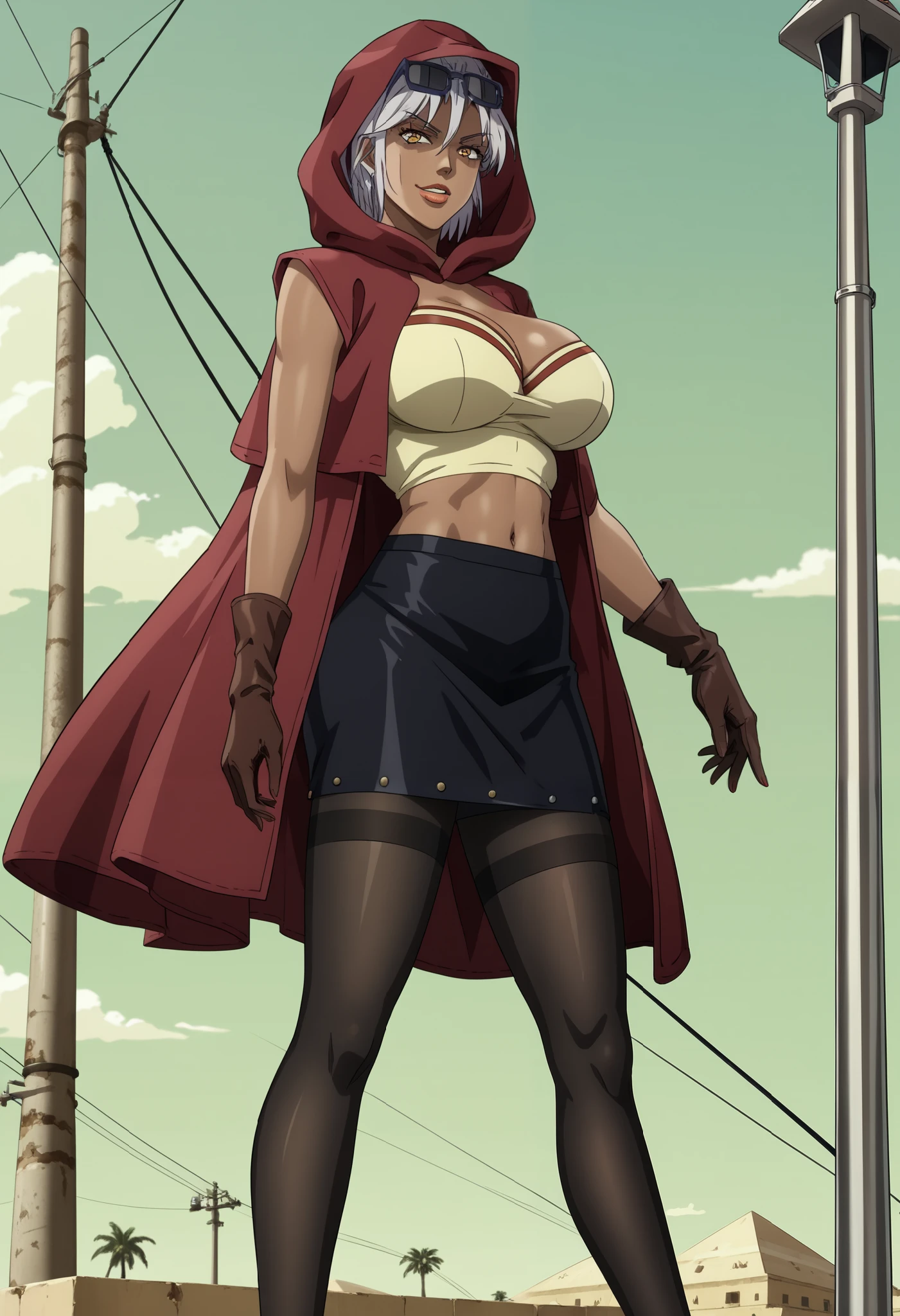 m4r1ah, score_8_up, score_7_up, source_manga, mariah, girl, red hood, white hair, putting sunglasses on forehead, (tanned skin), evil smile, parted lips, red cloak, yellow top, midriff, short skirt, stockings, thigh highs, pantyhose, heels, fullbody shot, outdoors, Pyramid, Egypt, background, ultra huge breasts, ultra huge boob, ultra huge cleavages, ultra huge tits, electric pole,