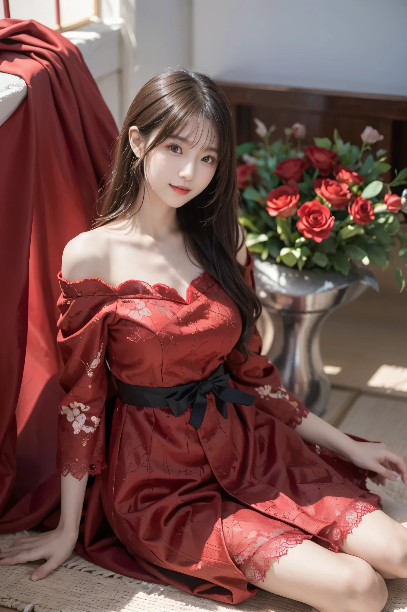 A Japanese model woman is sitting on the floor in a red dress, professional portrait photography of a , gorgeous women, beautiful young Japanese woman wearing plain clothes, professional portrait photography of a , she is wearing a black dress , Elegant Red Dress , Beautiful Woman, beautiful young Japanese woman wearing plain clothes, Red lace, thin orange lips , romantic dress、 looking at camera , , detailed beautiful eyes 、かわいいsmile、 soft and gentle expression 、smile