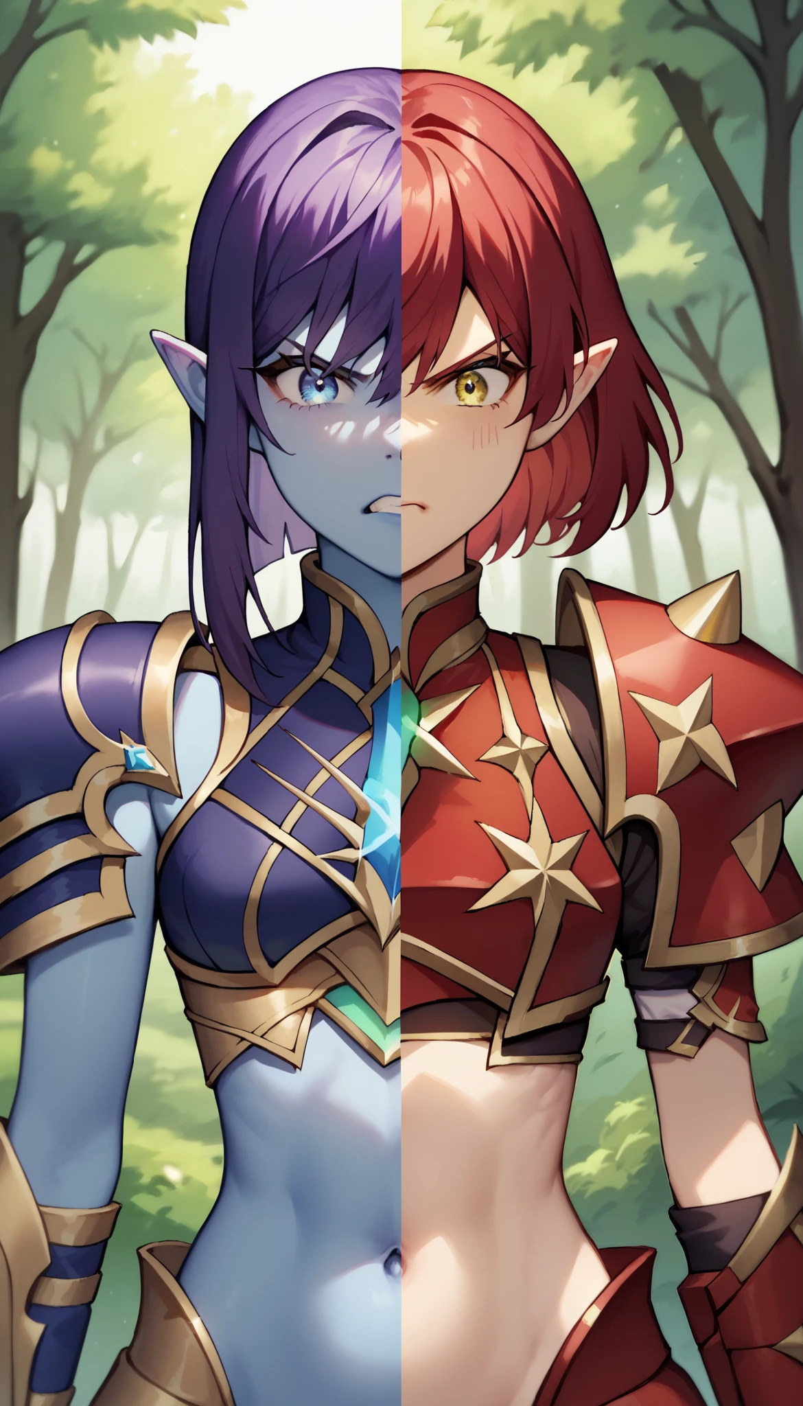 line in the middle, masterpiece, best quality, SplitScreen, split screen, forest background, pointy ear, 1girl, right side, Red hair, Glowing Yellow eye, Red armored crop top, gold trim, red shoulder pad, natural skin tone, slender body, navel, angry expression,
masterpiece, best quality, SplitScreen, split screen, forest background, pointy ear, 1girl, left side, Purple hair, Glowing Blue Eye, dark Purple armored crop top, Gold trim, dark Purple shoulder pad, blue skin tone, slender body, navel, angry expression,