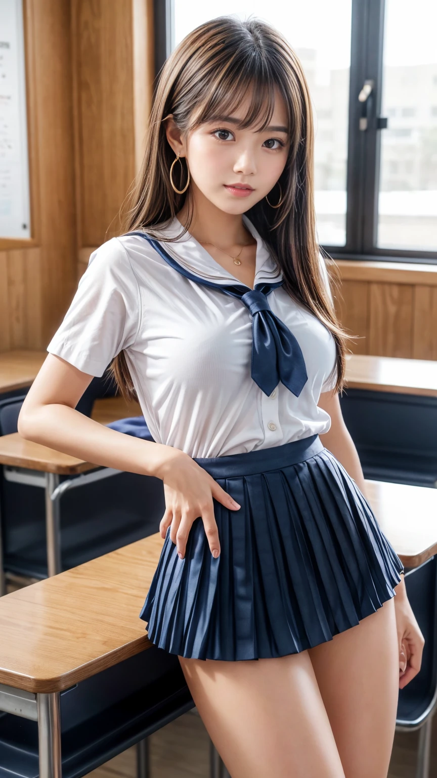 ((In the detailed skirt))、 ((In the detailed skirt))、highest quality, masterpiece, Ultra-high resolution, (Realistic:1.4), RAW Photos, Full Body Shot, Front view, From below, One Girl, The most famous Japanese idols, Crouching on the stairs, ((Spread your legs))、((Wear a Japan high school uniform)), (Very cute face like the most popular Japanese idol, (Very beautiful big eyes)), Very beautiful hair, Very beautiful skin, Very beautiful long eyelashes, Very beautiful lips, Very beautiful short body, Very beautiful thighs, An innocent smile, View your audience, Dynamic pose, Detailed play area, ((Detailed matching of Japanese high school uniforms)), ((In the detailed skirt)、)((In the detailed skirt))、((In the detailed skirt画))、((I can see your pants))