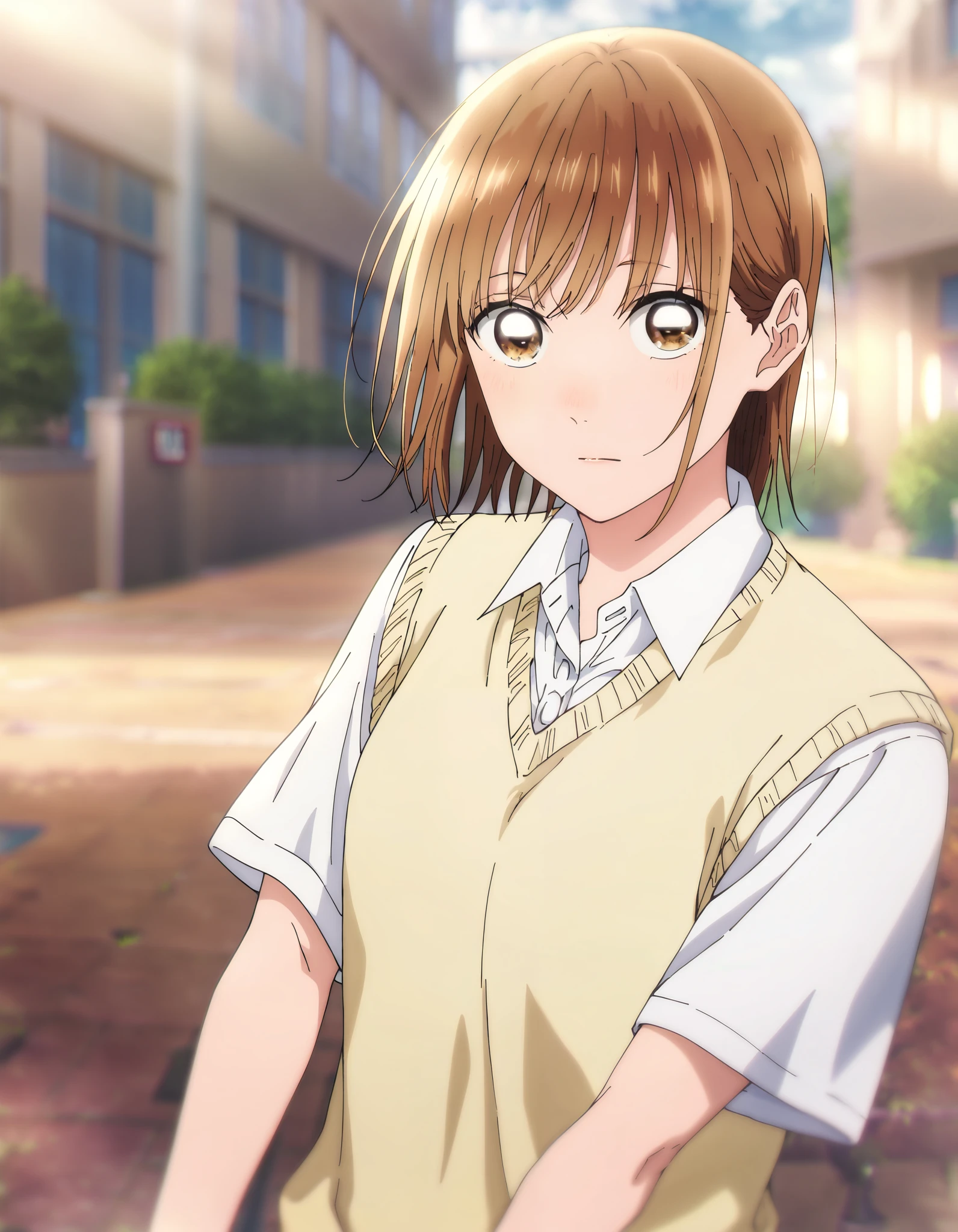 1 girl, Alone, Chinatsu, Blurry Background, outdoors, school uniform, white shirt, collared shirt, short sleeves, yellow sweater vest, masterpiece, top quality, High Quality, very aesthetic, absurd, side, brown eyes