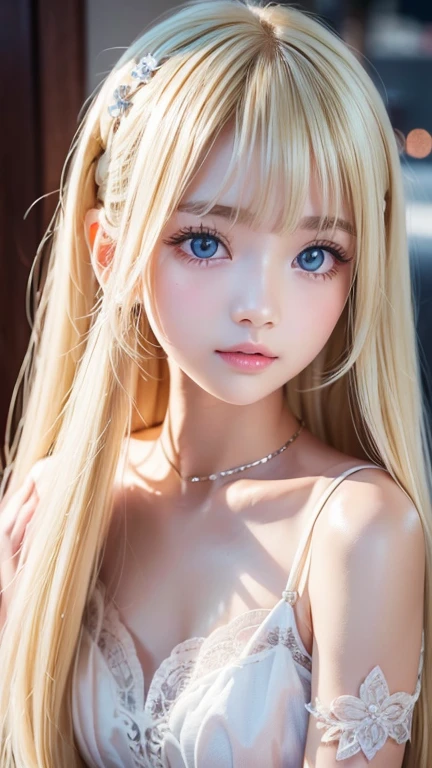 Extraordinary sexy beauty、Beautiful, A kind and bright expression、Sexy and refreshing look、Perfect beautiful pretty face、Super long ponytail、bangs over eyes、Hair on the face、Super long, natural platinum blonde straight hair with a mysterious shine、Beautiful facial hair、Very cute beautiful sexy young little woman、So perfect and beautiful, pretty face、Big Breasts, Very beautiful, bright blue eyes,、Very white, youthful and bright skin、Small Face Beauty、Round face