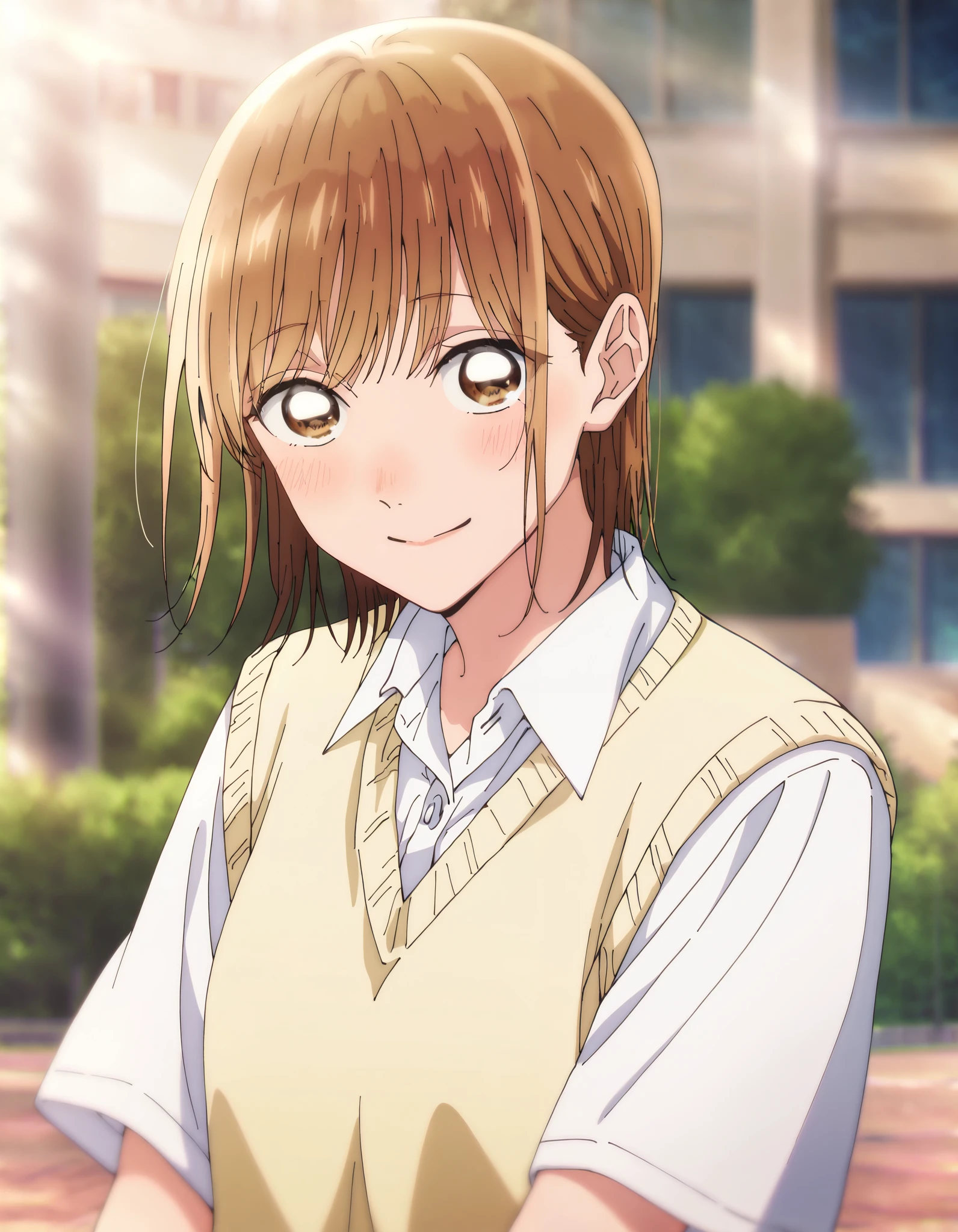 1 girl, Alone, Chinatsu, Blurry Background, outdoors, school uniform, white shirt, collared shirt, short sleeves, yellow sweater vest, masterpiece, top quality, High Quality, very aesthetic, absurd, side, brown eyes, smile, blush