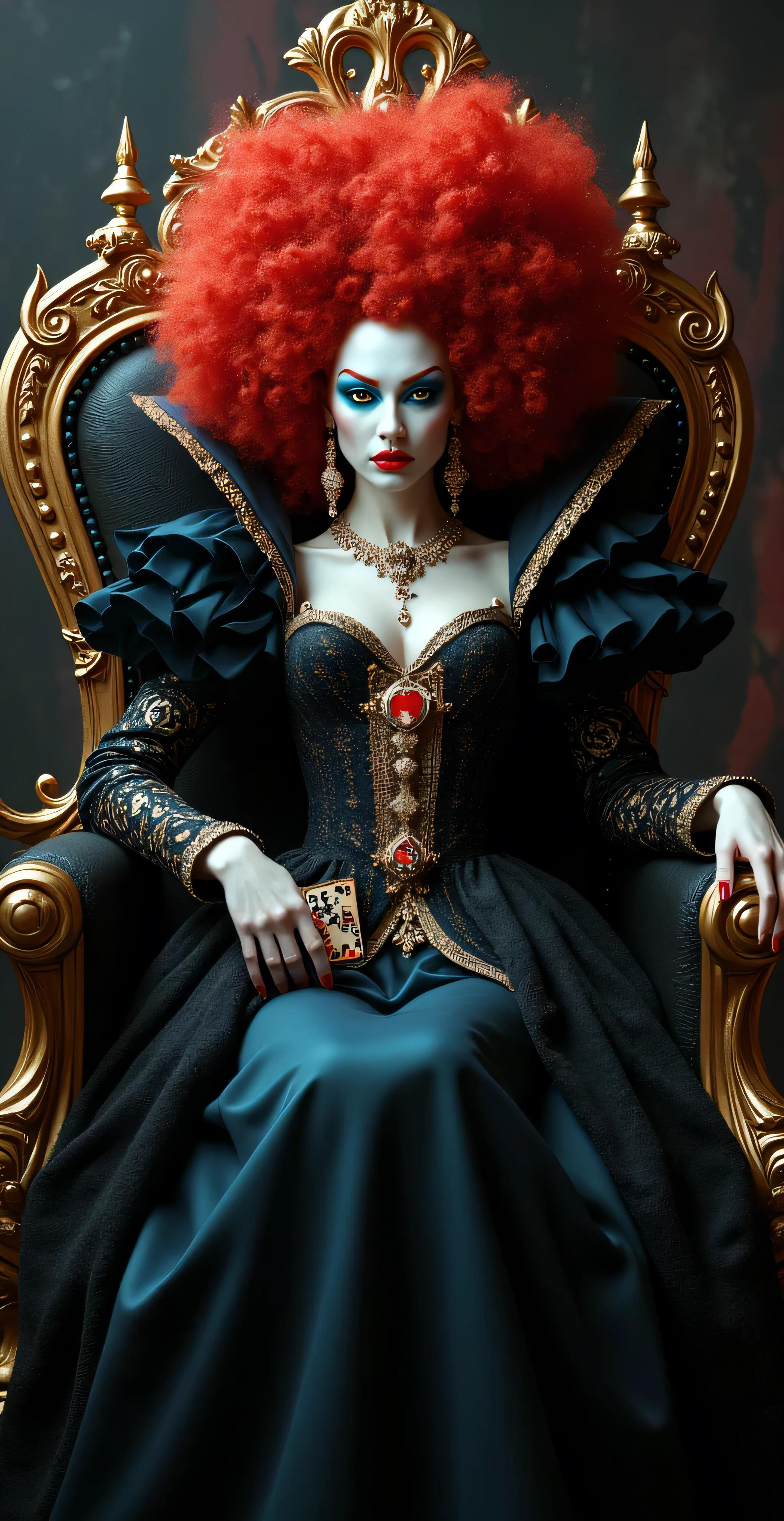 (curly red hair),queen,queen服饰,Holding a stick of love,Red lipstick,(the Red Queen,迪士尼Villains),Big head,Pale skin,Villains,Sitting on the throne,Accessories,poker,blue eye shadow (((naked )))
