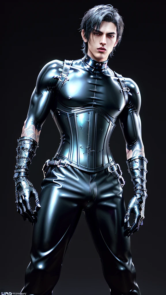 G is so handsome, So handsome, Expose muscles，Wear a mechanical helmet，（Exposing the pectoral muscles）Mechanical wind，future-tech，Raised sexy，nakeness，The skin is combined with the instrument，so charming and holy, Hot face, top handsome guy，Sky blue and lilac，white colors