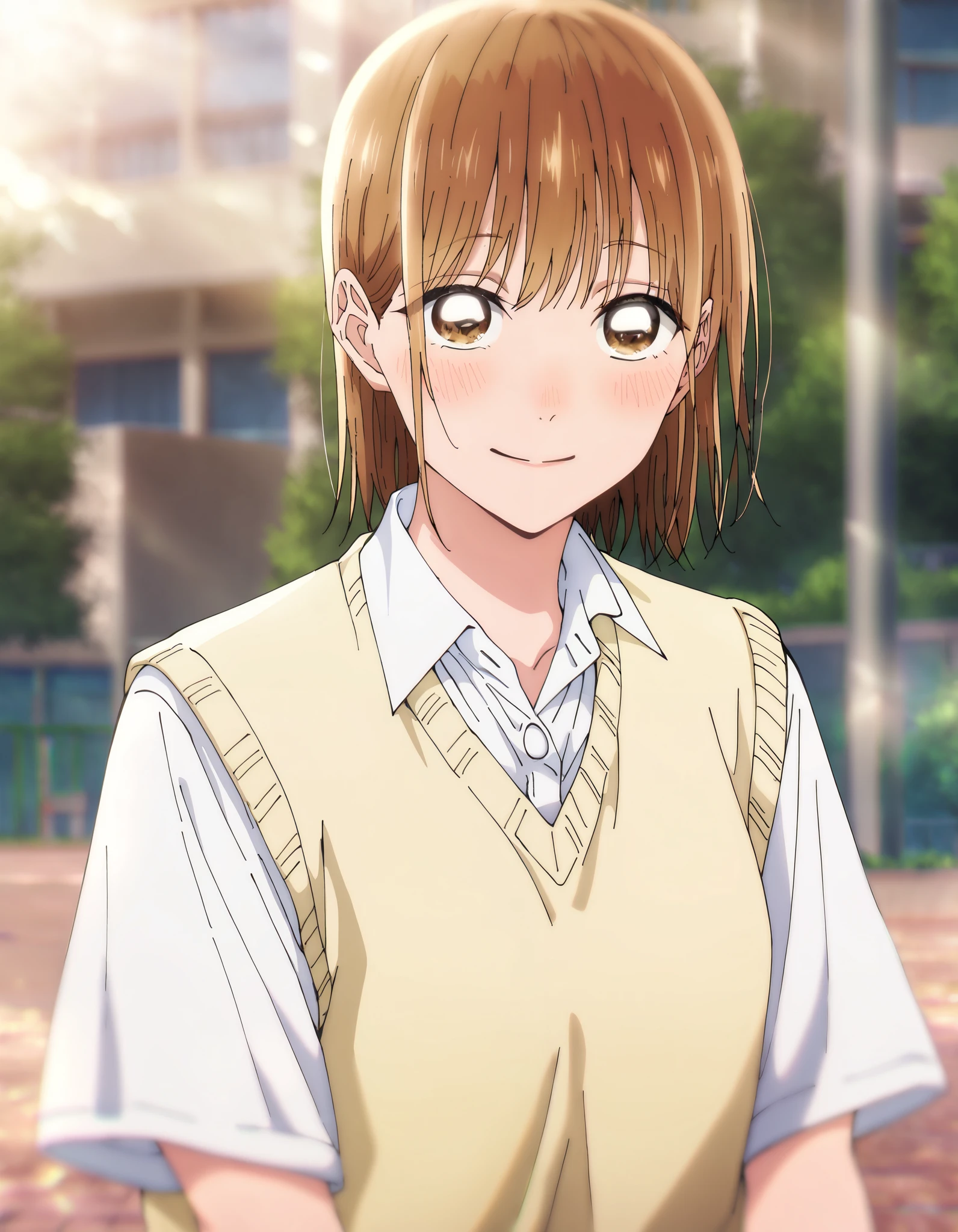 1 girl, Alone, Chinatsu, Blurry Background, outdoors, school uniform, white shirt, collared shirt, short sleeves, yellow sweater vest, masterpiece, top quality, High Quality, very aesthetic, absurd, brown eyes, smile, blush