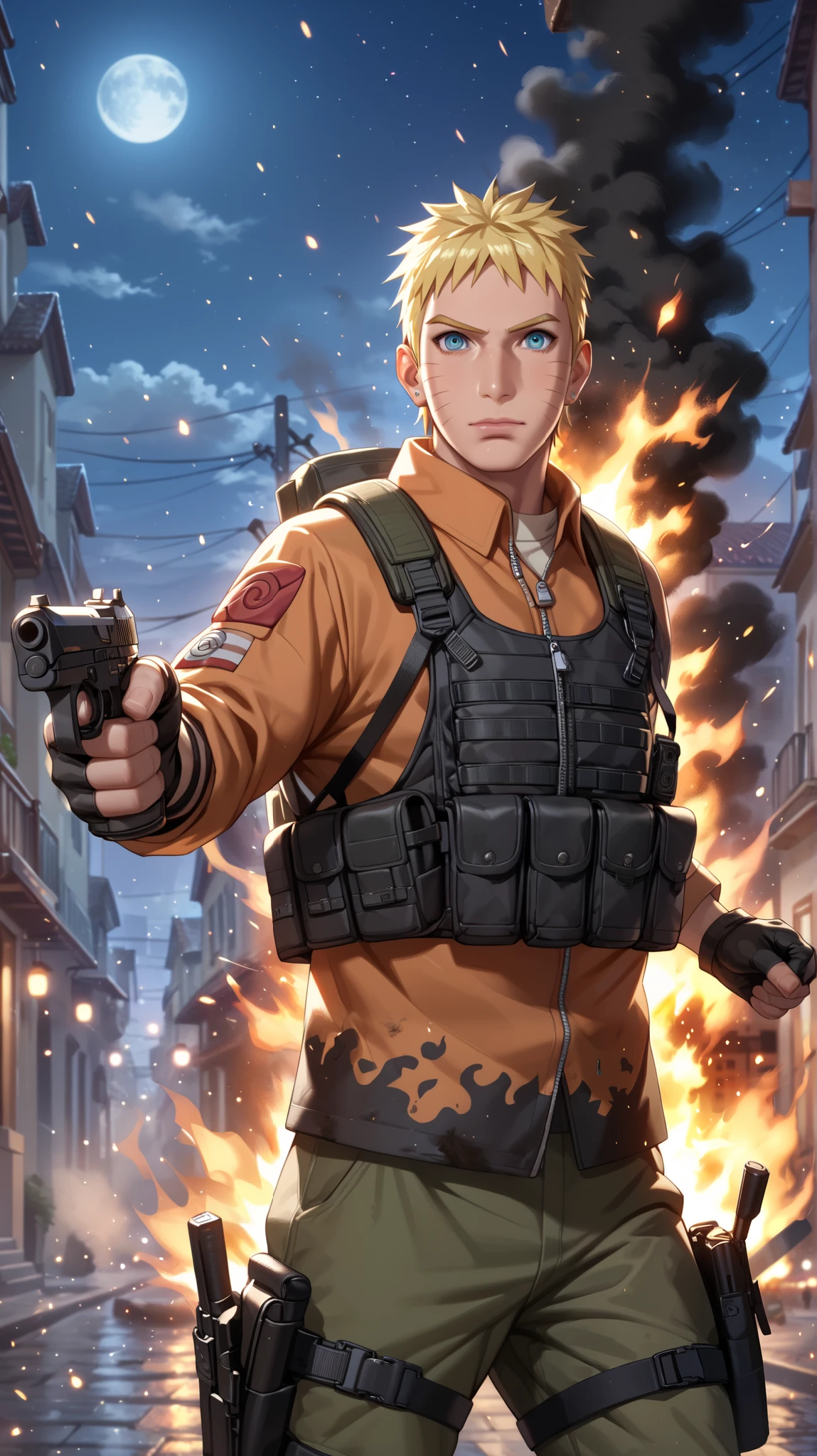 Score_9, Score_8_up, Score_7_up, Score_6_up, Score_5_up, Score_4_up, Source_anime, Tag1, Tag2, quality_masterpiece, Anatomically correct, athletic torso, fit build, mature male, Naruto, hip-hop elements, BREAK action_standi g, pose_pointing, night, urban, burning building, smoke, dust particles, dirty, moon, stars, pointing a gun, black tactical suit, Looking at viewer, tactical gear, black clothes, black vest,