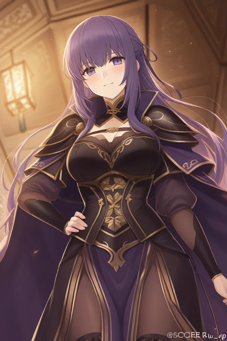 ((best quality)), ((artwork)), (detailed), (mage, long purple hair, purple eyes, black and purple cloak, neckline, skirt, thigh high stockings)