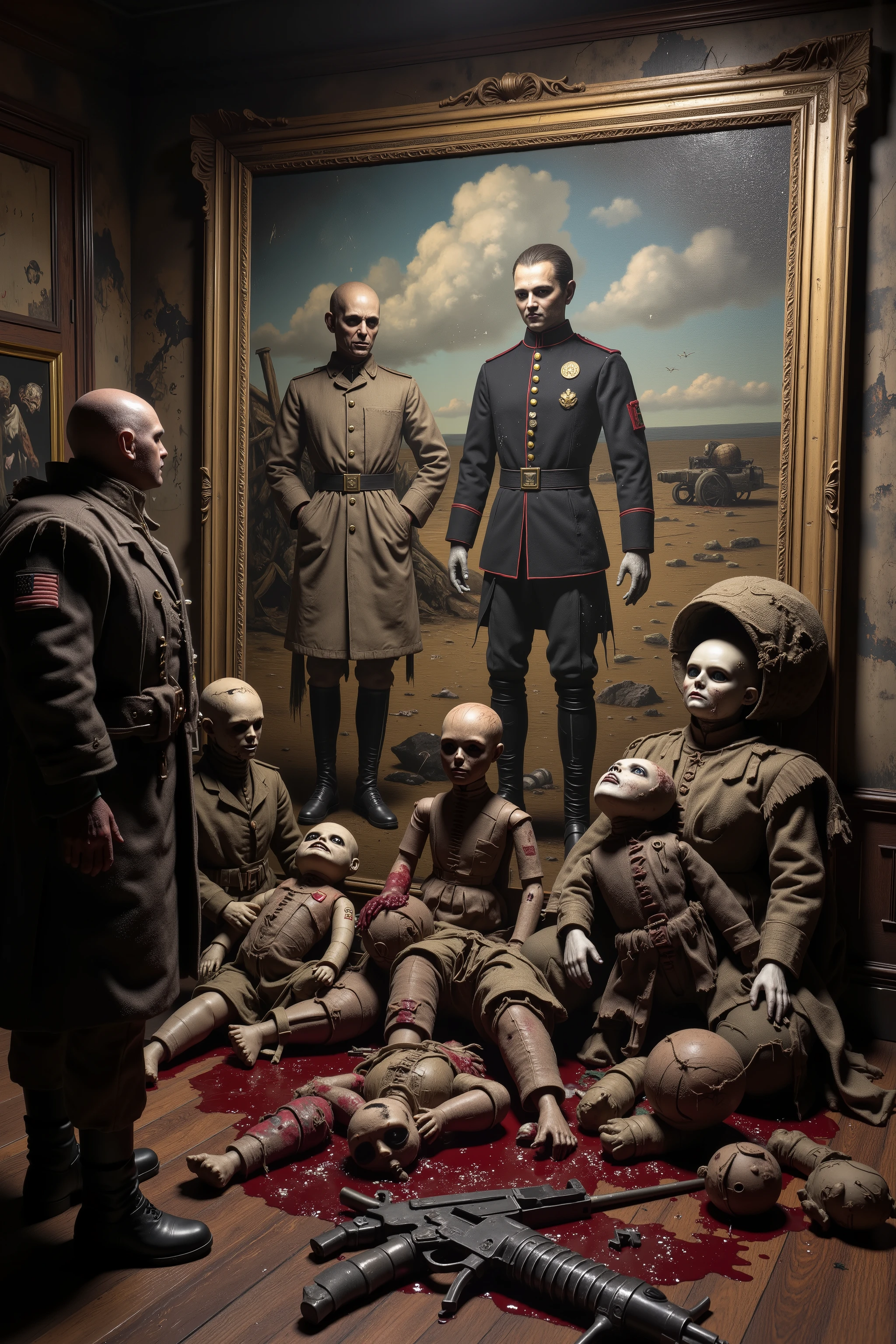 An oil painting on an enormously large canvas. The painting shows dolls and blown up doll parts that have on two different military uniforms with two different insignia. Dead soldier dolls lay in pools of blood on the open ground. Weapons are scattered left and right. As the generals and higher ups look around, the framed painting spills out itself, landing all over the floor of the room it was hung up in. Gory, in extreme detail. Macabre, disturbing images of war. Dark dreary oil painting on a huge sized canvas. Photo-realistic,ultra-detailed, realism ,portrait photography, cinematic portrait, cinematic photography, UHDR, full focus, highest quality, cinematic lighting, masterpiece.