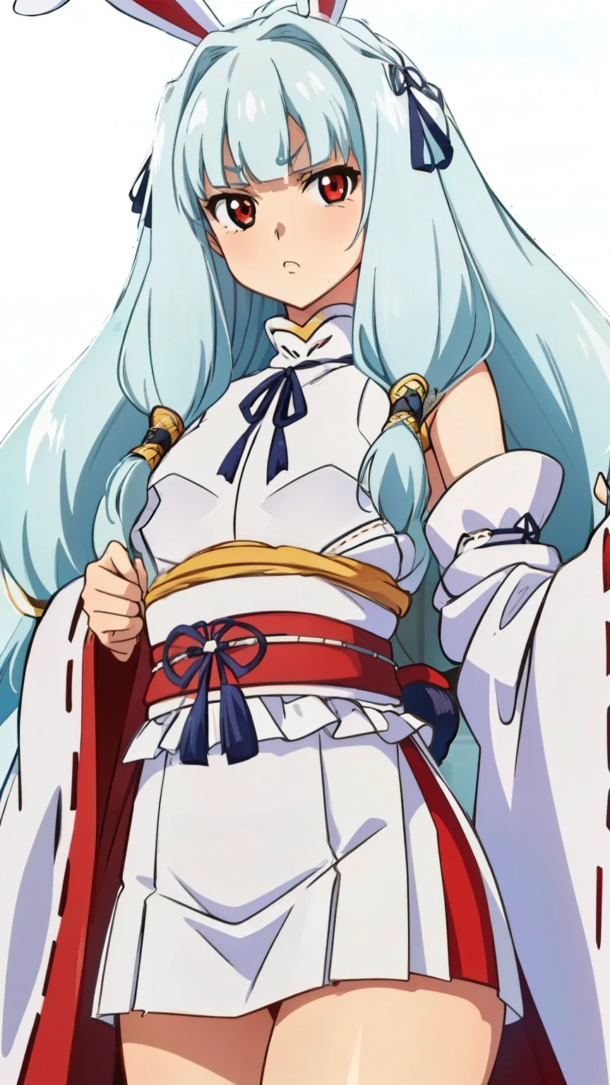 (Top quality, masterpiece, 8k), (Realistic skin texture), (anime coloring), very detailed, perfect hiar style, beautiful eyes, perfect eyes, detailed eyes, perfect eyebrows, perfect face, detailed face, perfect hairstyle, ultra-detailed, detailed eyes, symmetrical eyes, (dynamic angle), sharp details, oboro,1 girl, (ta:1.6), silver hair, long hair, (((slim body))), (small breast), (thin thighs), (short stature), red eyes, (bad mood:1.3), beautiful eyes, hair cuffs, hair accessories, hair flaps, bunny ears, blunt bangs, solo, (shrine maiden outfit, wide sleeves, red mini skirt), (big high neck:1.5), (cowboy shot:1.4), looking at the viewer, in the center of the image, sexy poses, dynamic angles,