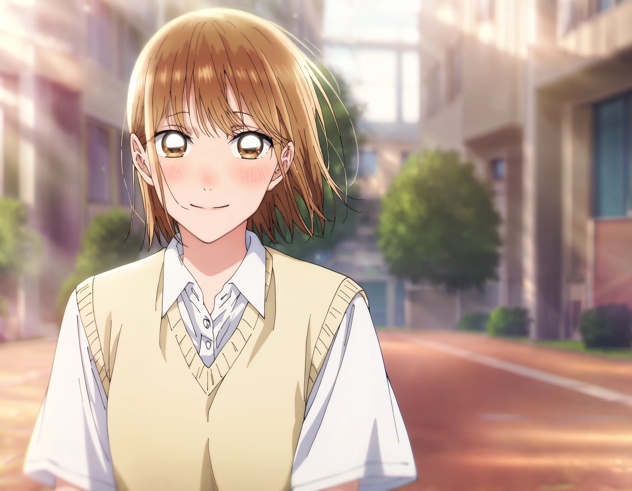 1 girl, Alone, Chinatsu, Blurry Background, outdoors, school uniform, white shirt, collared shirt, short sleeves, yellow sweater vest, masterpiece, top quality, High Quality, very aesthetic, absurd, brown eyes, smile, blush