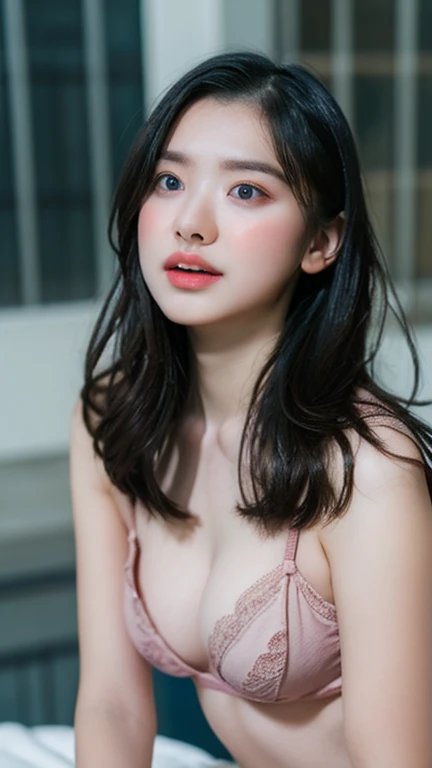 Realistic、(masterpiece、Highest quality、Highest quality、Official Art、beautifully、aesthetic:1.2)、Symmetrical face,Very detailed、woman,日本人woman,colorful、The finest details、Tangled、(The background is bright and abstract:1.5)、Bright Eyes、Back to all、Masseter region,High resolution,Idol、clavicle、photograph、movie、Eyes from below,Long Hair,View your audience、Cleavage,Puffy eyes,sit
