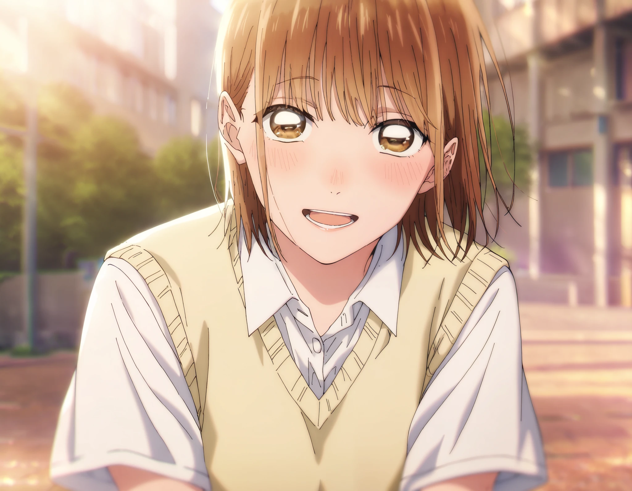 1 girl, Alone, Chinatsu, Blurry Background, outdoors, school uniform, white shirt, collared shirt, short sleeves, yellow sweater vest, masterpiece, top quality, High Quality, very aesthetic, absurd, brown eyes, smile, open mouth, blush