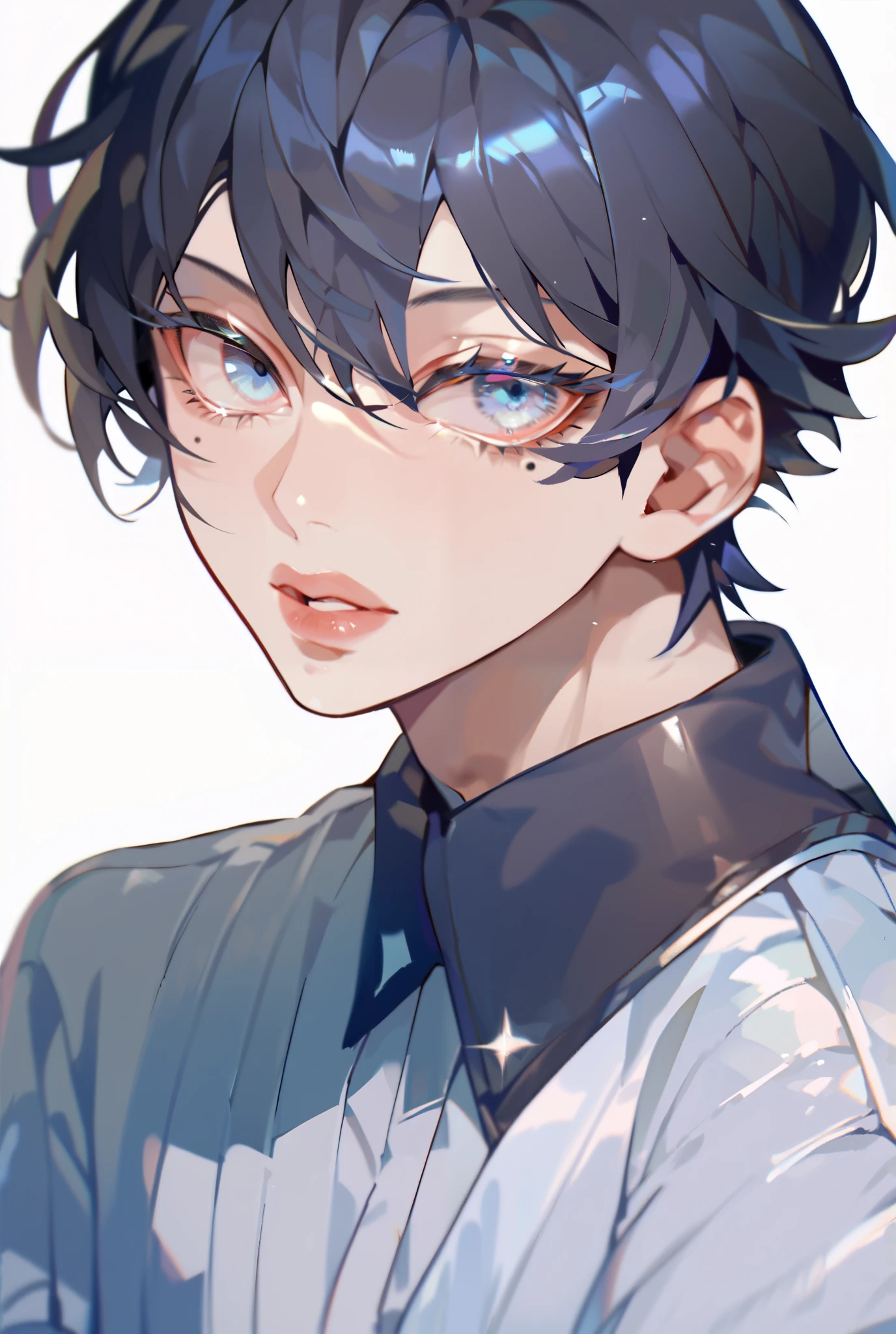 1boy, Solo, High Resolution, Simple background, Hair Between Eyes, Bangs, Black Hair, Short Hair, curvy, man with feminine features, beautiful light blue eyes, long eyelashes, glossy lips, mole under the eye, kwkm, full body in the pic