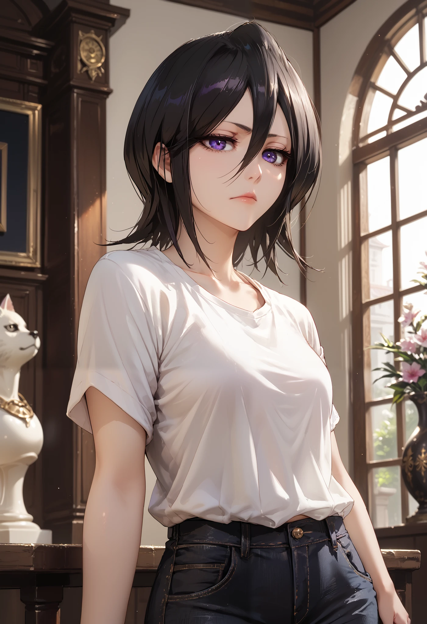 1girl, rukia kuchiki, solo, dutch angle, black hair, short hair, purple eyes, (beautiful detailed eyes: 1.2), white fitted top, rolled-up sleeves, black skinny jeans, bored expression, looking at a sculpture, art gallery, wallpaper, masterpiece, high quality, highly detailed