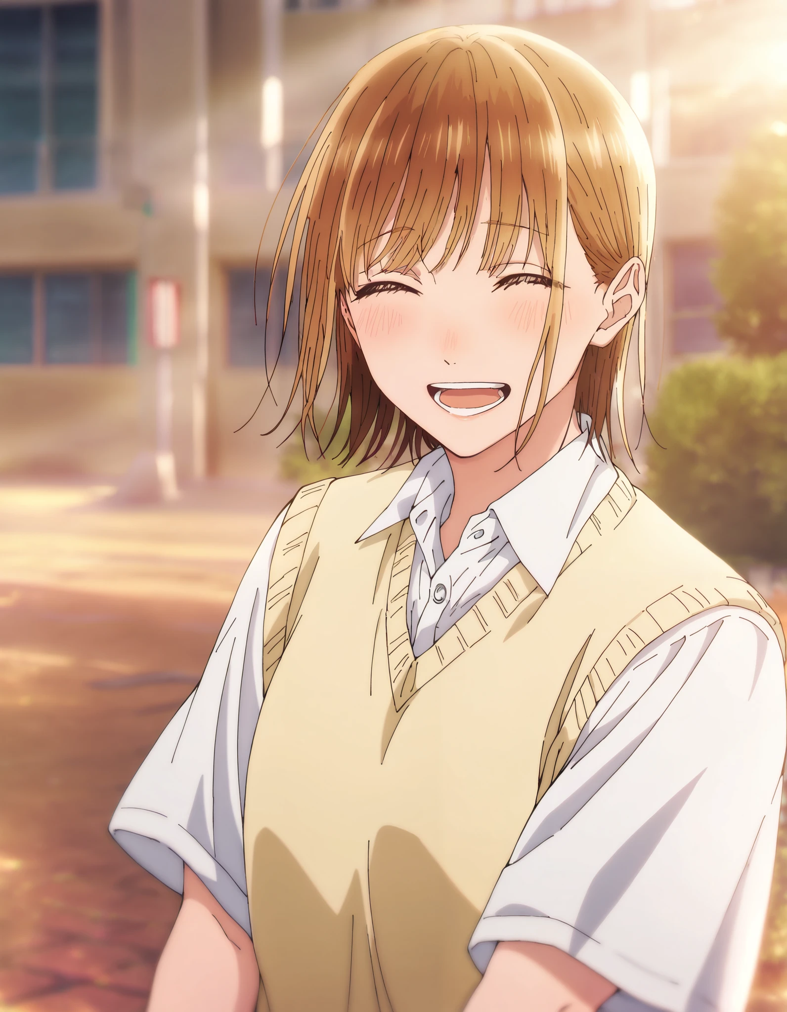 1 girl, Alone, Chinatsu, Blurry Background, outdoors, school uniform, white shirt, collared shirt, short sleeves, yellow sweater vest, masterpiece, top quality, High Quality, very aesthetic, absurd, brown eyes, smile, open mouth, closed eyes, blush