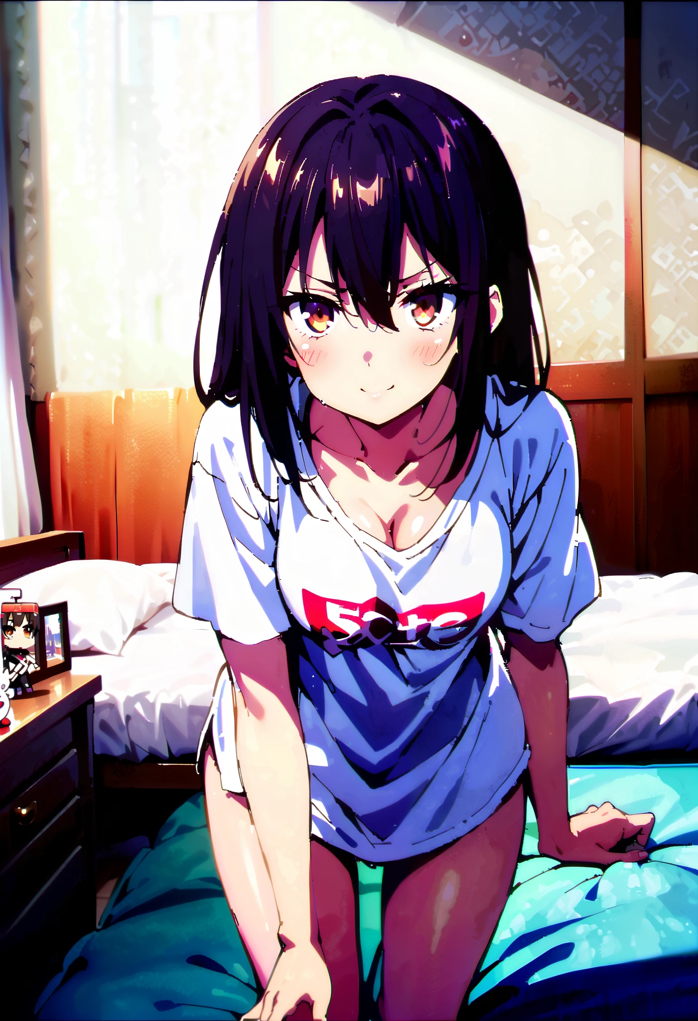 score_9, score_8_ up, score_7_ up, source_Anime, Yukina Himeragi, long hair, black hair,medium hair, brown eyes,Medium breast, cleavage in years, smile,blush, mouths, squint, Down Blouse , loose t-shirt ,Bare legs, standing on all fours on a bed, beautiful scenery,morning,whole bodyがイラストに入るように,
break looking at viewer,whole body,( cowboy shot:1. 5),
break indoors,bedroom,
break (masterpiece:1.2), best quality , high resolution, Unity 8K Wallpaper , (figure:0.8), ( precise and beautiful eyes:1.6), very detailed face, PERFECT LIGHTING , very precise CG, (perfect hand, perfect anatomy),