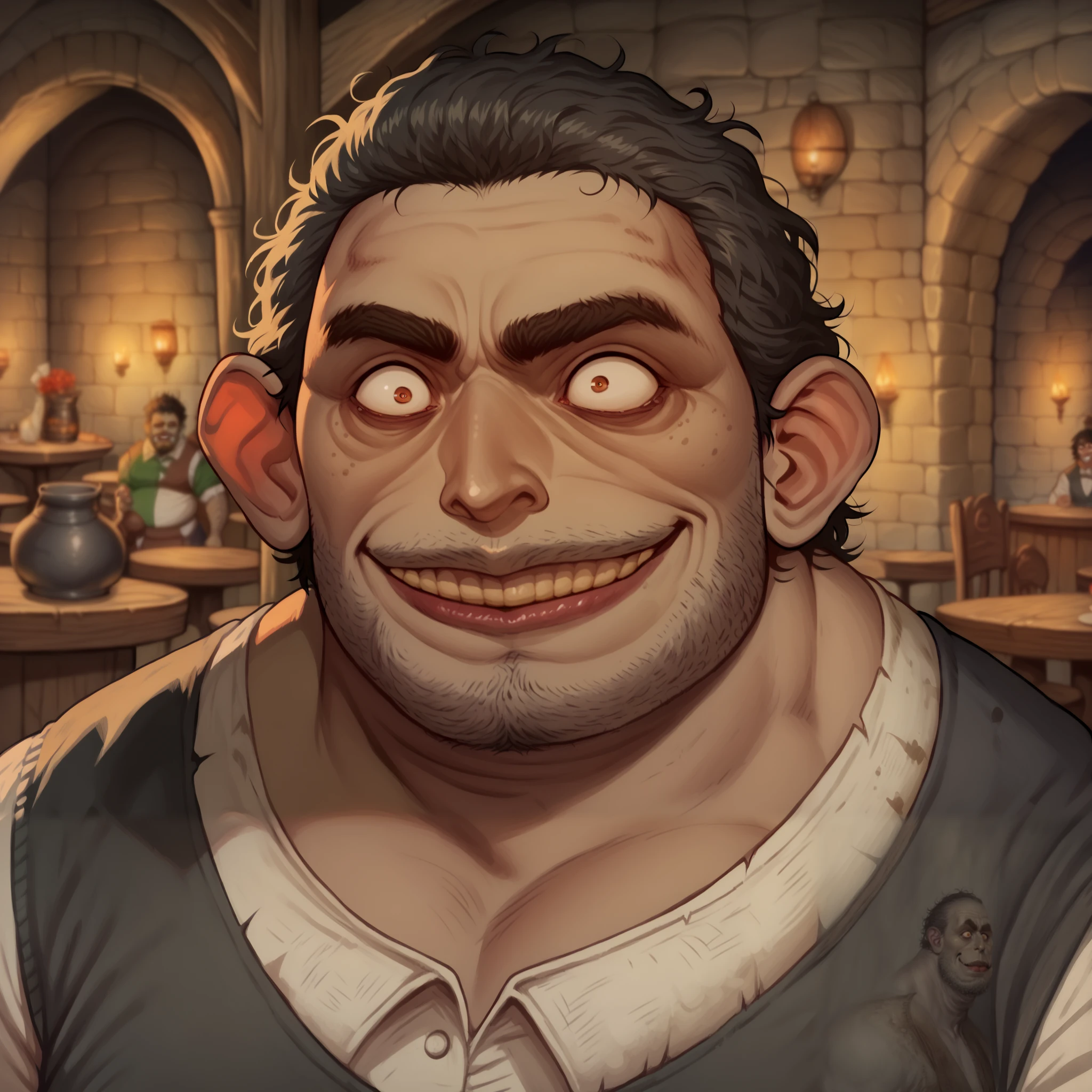 (((beautiful, high quality, comics style, detailed face))), score_9, score_8_up, score_7_up, BREAK, portrait, solo, male troll, monster, (tall, fat, obese, muscular), ((big nose)), dark skin tone:1.4, Black short hair, messy hair, (((bearded))), square jaw, thick lips, thick eyebrows, ((crazy eyes, angry, crazy smile)), waiter outfit, (fighting stance), (ugly man), (tavern background), blurred background, DeepNegative_xl_v1, detailxl, zPDXL3