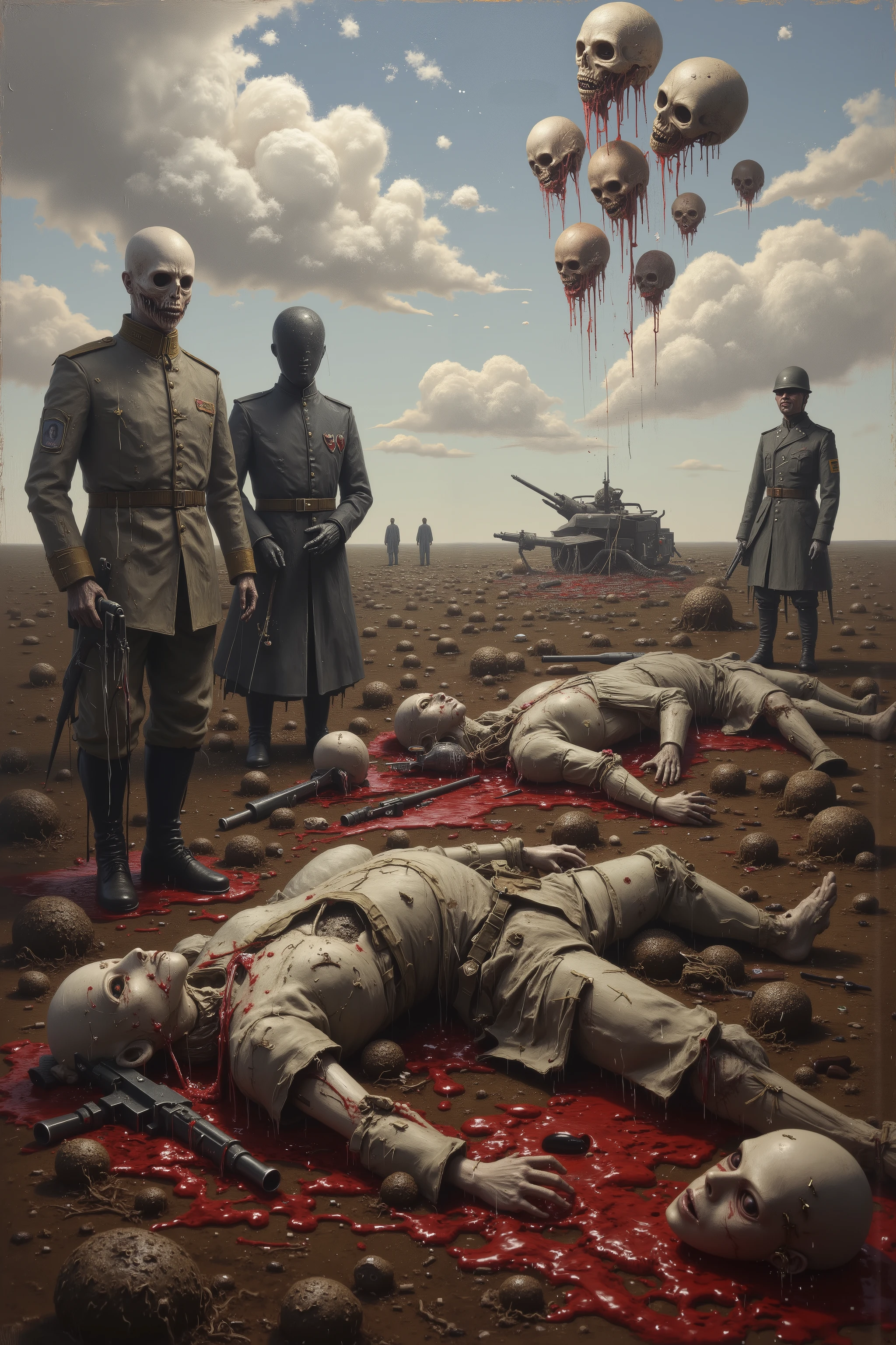 An oil painting on an enormously large canvas. The painting shows dolls and blown up doll parts that have on two different military outfits with different insignia. Dead soldier dolls lay in pools of blood on the open ground. Weapons are scattered left and right. As the generals and higher ups look at the bloodied battlefield, several filthy decapitated dolls' heads pass by above them. Military insignia hovers around also. Gory, in extreme detail. Macabre, disturbing images of war. Dark dreary oil painting on a huge sized canvas. Photo-realistic,ultra-detailed, realism ,portrait photography, cinematic portrait, cinematic photography, UHDR, full focus, highest quality, cinematic lighting, masterpiece. 
