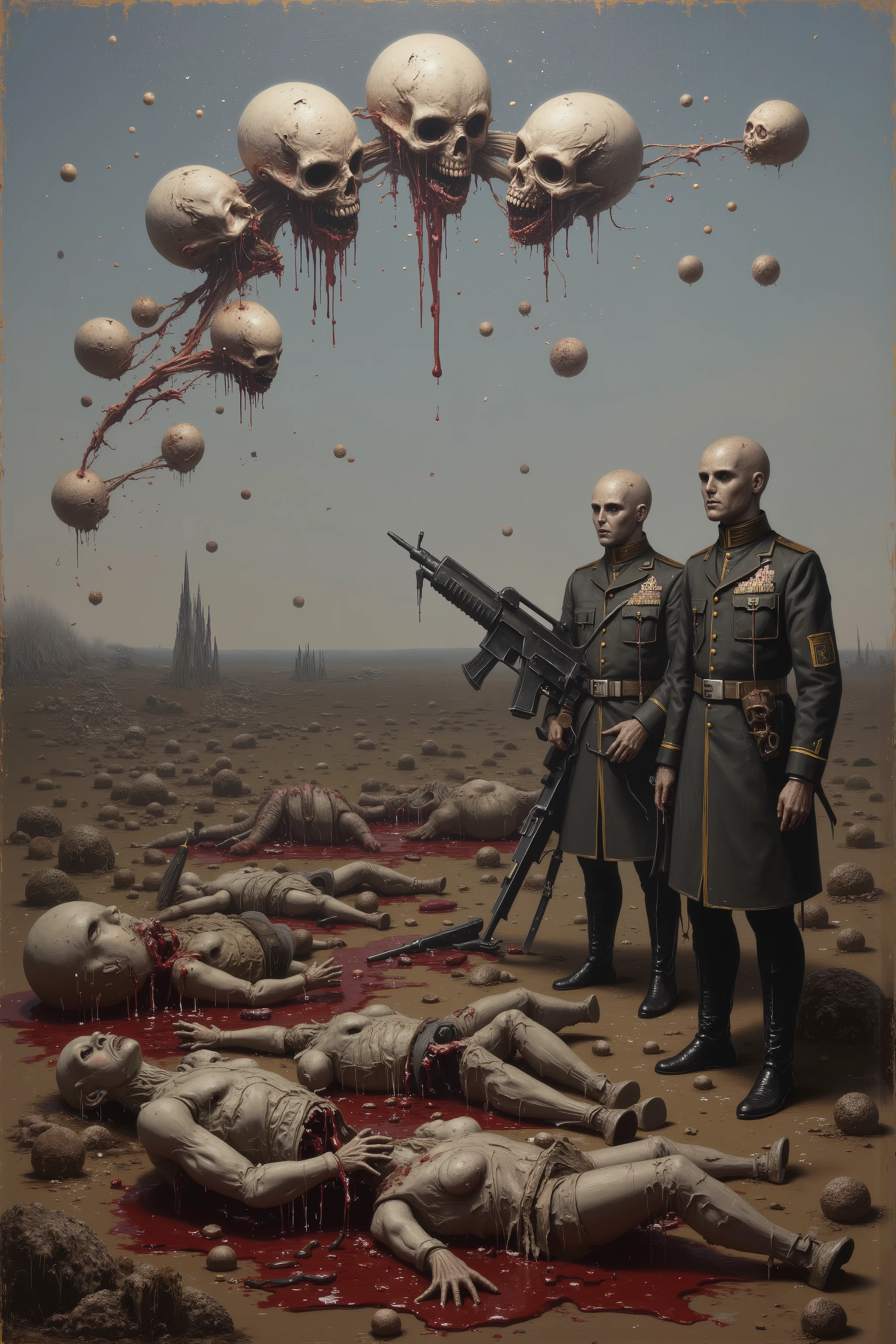 An oil painting on an enormously large canvas. The painting shows dolls and blown up doll parts that have on two different military outfits with different insignia. Dead soldier dolls lay in pools of blood on the open ground. Weapons are scattered left and right. As the generals and higher ups look at the bloodied battlefield, several filthy decapitated dolls' heads pass by above them. Military insignia hovers around also. Gory, in extreme detail. Macabre, disturbing images of war. Dark dreary oil painting on a huge sized canvas. Photo-realistic,ultra-detailed, realism ,portrait photography, cinematic portrait, cinematic photography, UHDR, full focus, highest quality, cinematic lighting, masterpiece.