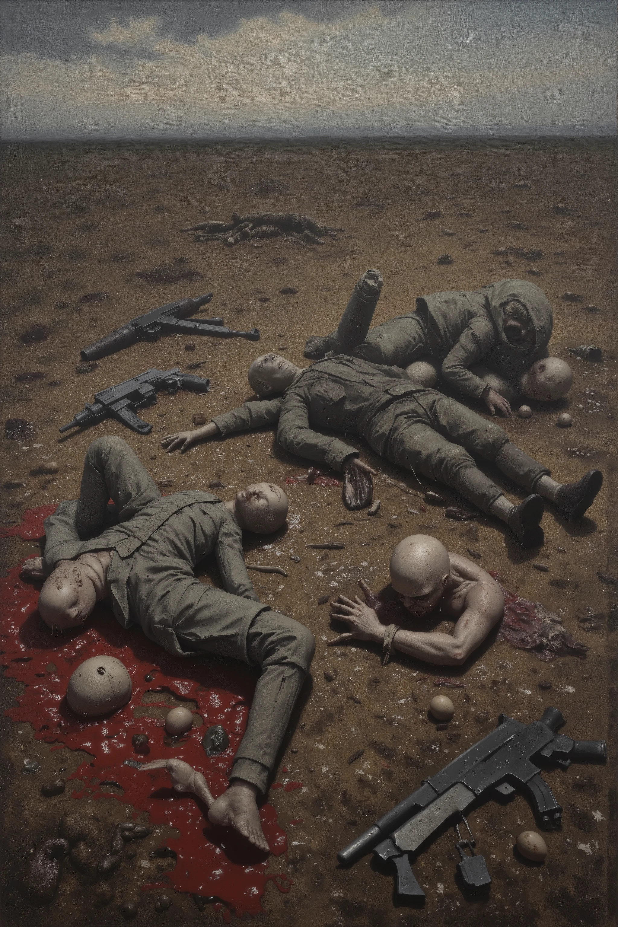 An oil painting on an enormously large canvas. The painting shows dolls and blown up doll parts that have on two different military outfits. Dead soldier dolls lay in pools of blood on the open ground. Weapons are scattered left and right. Gory, in extreme detail. Macabre, disturbing images of war. Dark dreary oil painting on a huge sized canvas. Photo-realistic,ultra-detailed, realism ,portrait photography, cinematic portrait, cinematic photography, UHDR, full focus, highest quality, cinematic lighting, masterpiece.
