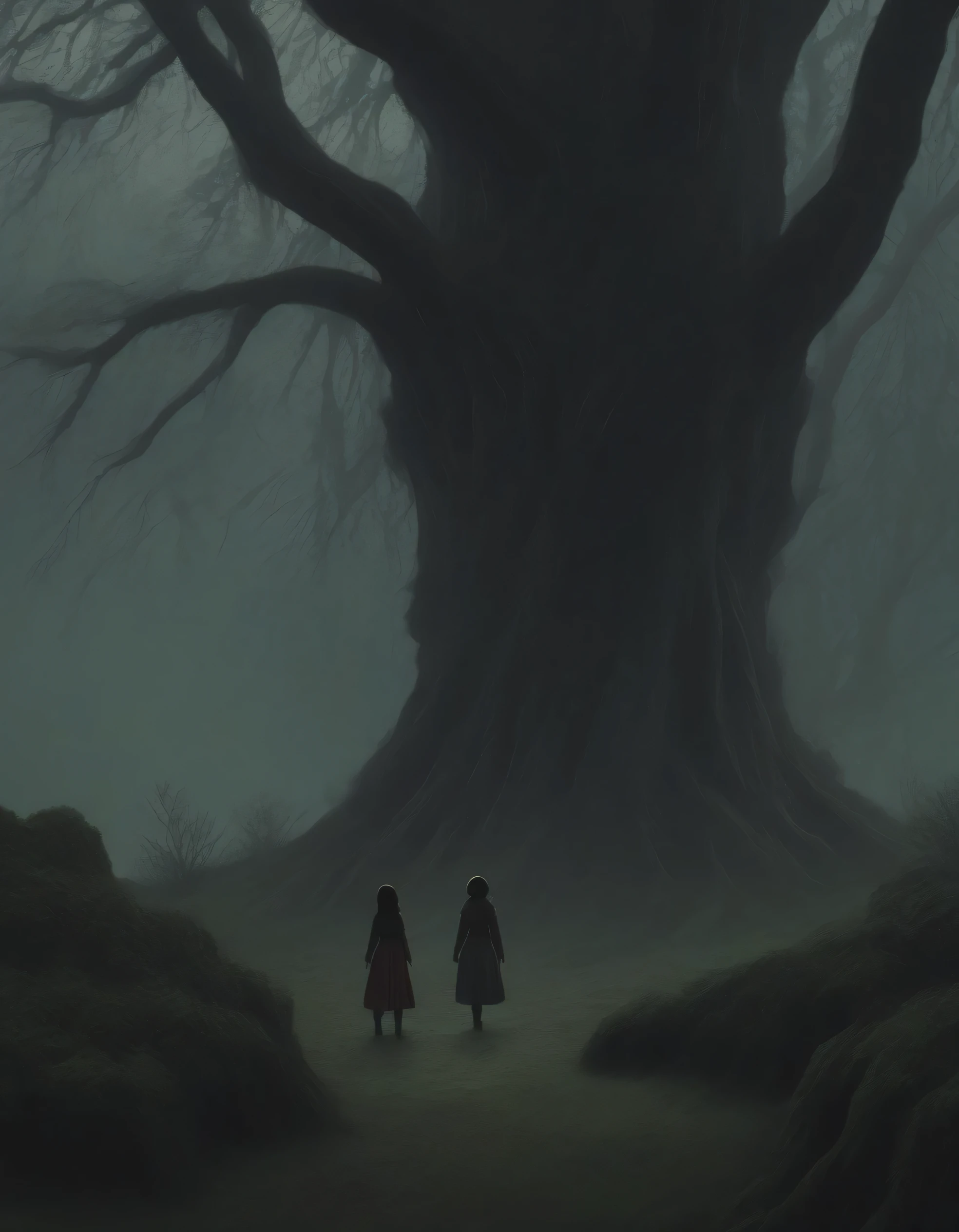  In the heart of an ancient and dark forest  ,  a place where the air seems heavy and full of secrets  ,  a woman who is immovable  . This forest,  with gigantic trees with twisted trunks and branches that intertwine like deformed hands  ,  emits a sense of danger and mystery  ,  a place that only a madman or a desperate person would dare to enter  .  The light It's barely enough to highlight the shadows that are cast between trees  ,  making the environment feel oppressive and sinister  . The woman is standing,  looking directly at the camera with a completely empty expression  .  Neither curiosity nor indifference are reflected in his eyes  ;  her face is an unscrupulous mask  ,  as if he had abandoned any emotion or as if he had never known them  .  She wears armor combined with fabrics in worn gray tones  ,  with details in dark green and red that seem to have been dyed by time or past battles.  The pieces of her clothes are worn out  ,  but they are not without purpose  ,  as if each fragment told a story of resistance and oblivion  .  The contrast between the stillness His figure and the latent chaos of the forest is disturbing  .  His presence does not seem to belong to the human world  , Nor is the forest itself  ,  like an enigma that defies any logic  .  The breeze barely moves the layers of his armor and fabric  ,  the silence around her feels deafening  ,  amplifying her aura of mystery  . 