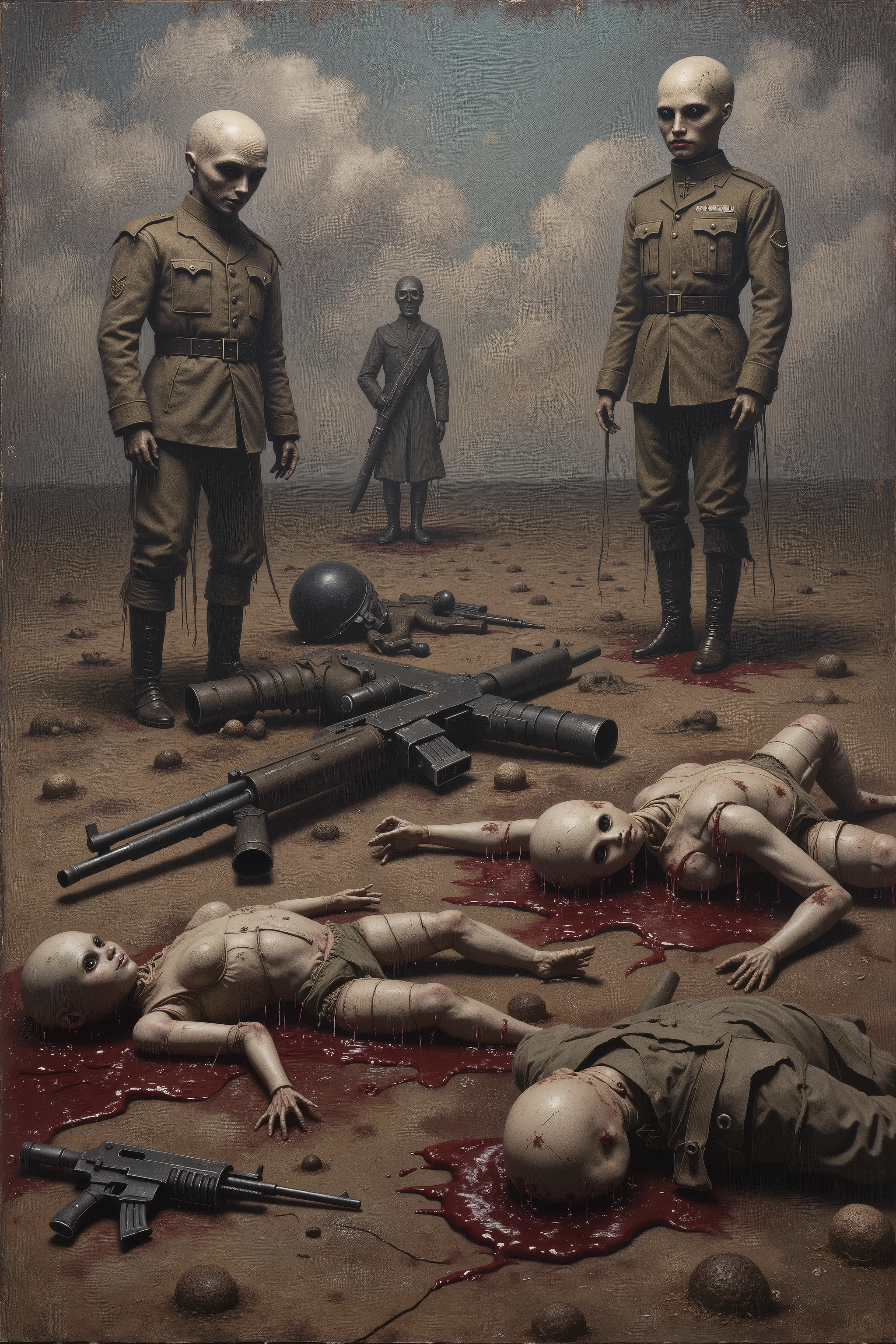 An oil painting on an enormously large canvas. The painting shows dolls and blown up doll parts that have on two different military outfits. Dead soldier dolls lay in pools of blood on the open ground. Weapons are scattered left and right. Gory, in extreme detail. Macabre, disturbing images of war. Dark dreary oil painting on a huge sized canvas. Photo-realistic,ultra-detailed, realism ,portrait photography, cinematic portrait, cinematic photography, UHDR, full focus, highest quality, cinematic lighting, masterpiece.