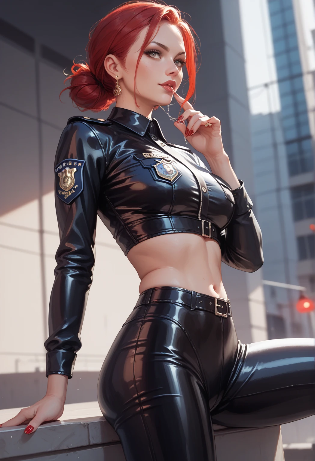 android woman, The police, black latex uniform, red hair