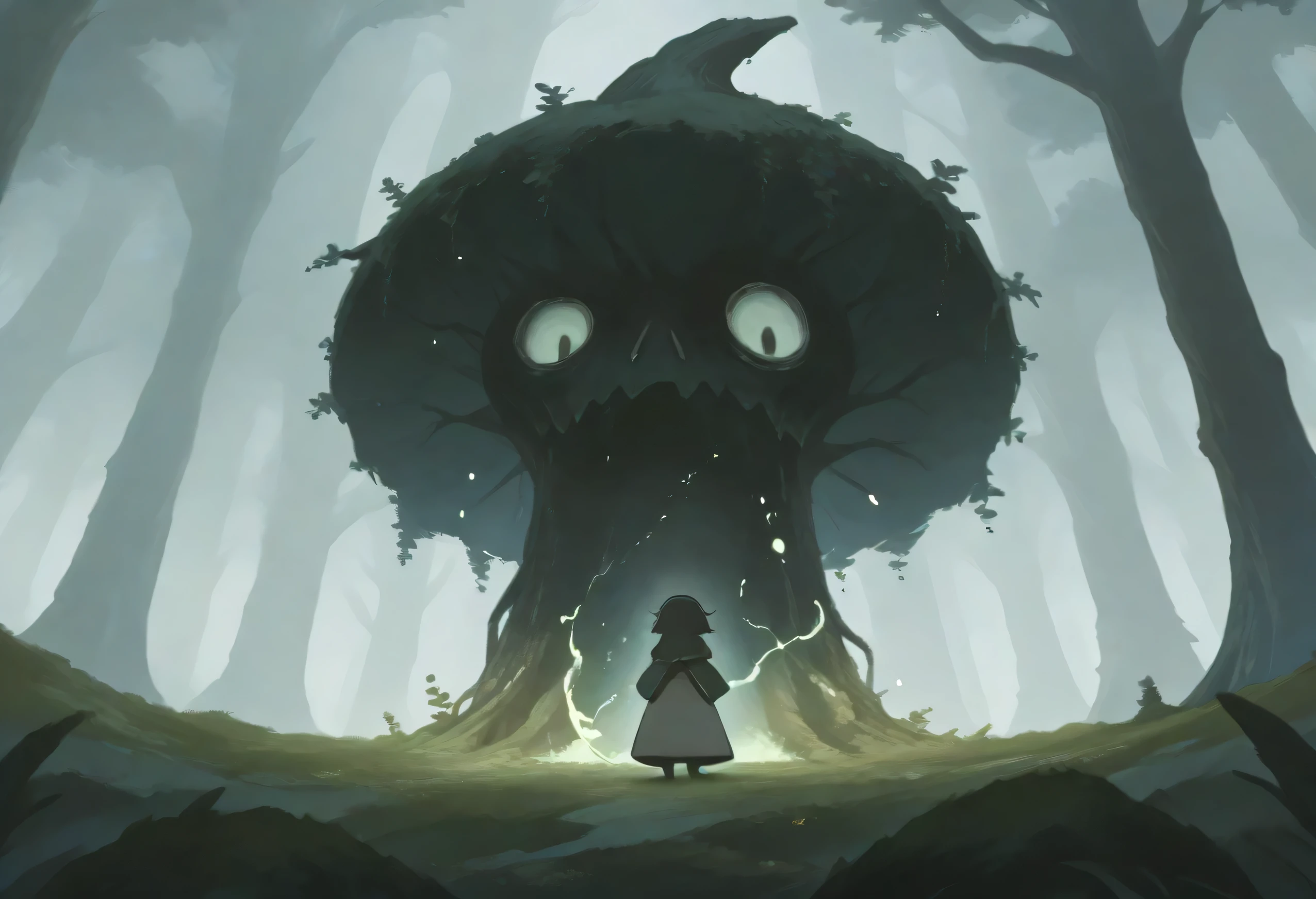  In the heart of an ancient and dark forest  ,  a place where the air seems heavy and full of secrets  ,  a woman who is immovable  . This forest,  with gigantic trees with twisted trunks and branches that intertwine like deformed hands  ,  emits a sense of danger and mystery  ,  a place that only a madman or a desperate person would dare to enter  .  The light It's barely enough to highlight the shadows that are cast between trees  ,  making the environment feel oppressive and sinister  . The woman is standing,  looking directly at the camera with a completely empty expression  .  Neither curiosity nor indifference are reflected in his eyes  ;  her face is an unscrupulous mask  ,  as if he had abandoned any emotion or as if he had never known them  .  She wears armor combined with fabrics in worn gray tones  ,  with details in dark green and red that seem to have been dyed by time or past battles.  The pieces of her clothes are worn out  ,  but they are not without purpose  ,  as if each fragment told a story of resistance and oblivion  .  The contrast between the stillness His figure and the latent chaos of the forest is disturbing  .  His presence does not seem to belong to the human world  , Nor is the forest itself  ,  like an enigma that defies any logic  .  The breeze barely moves the layers of his armor and fabric  ,  the silence around her feels deafening  ,  amplifying her aura of mystery . 