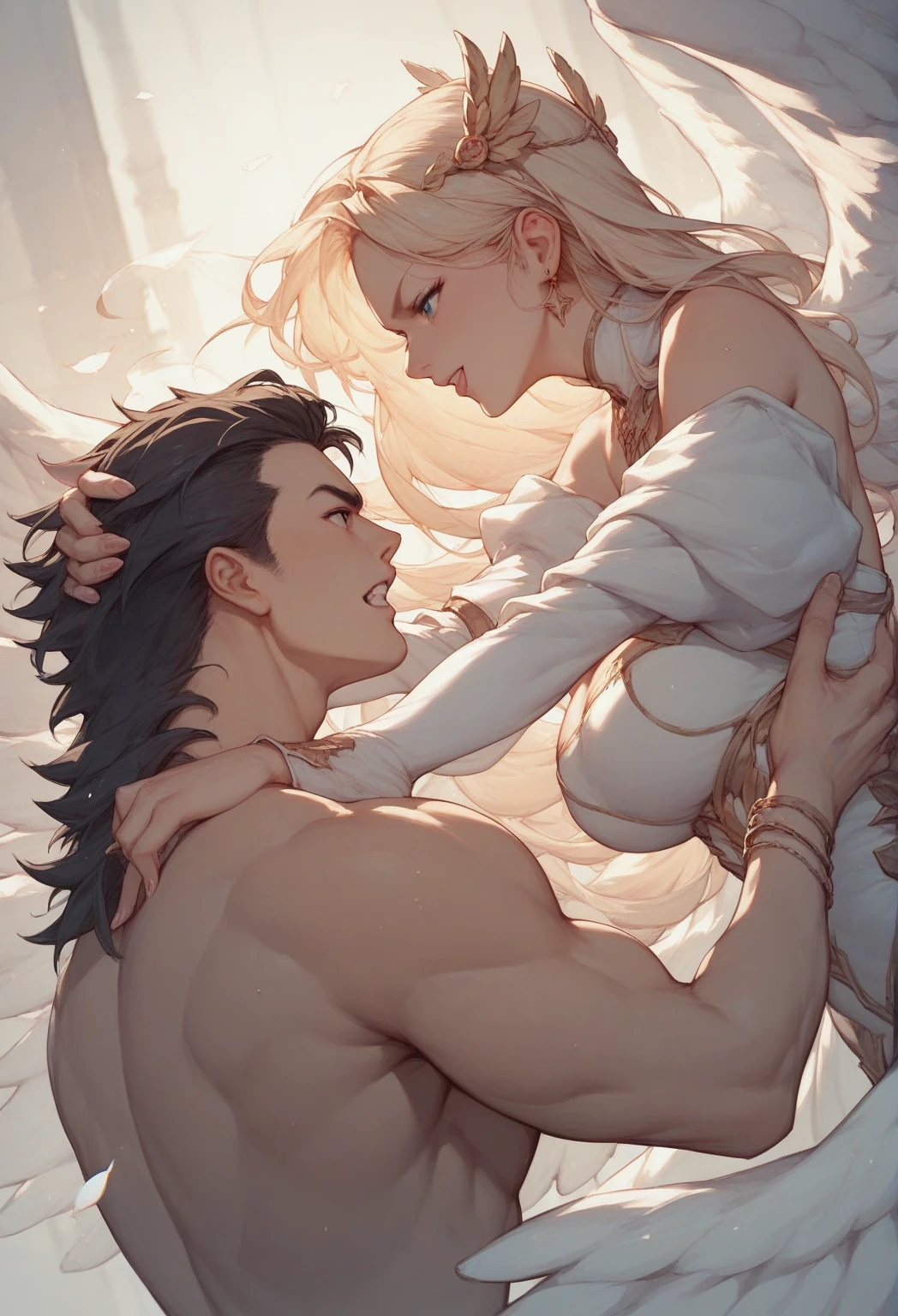 masterpiece, highest quality, (Focus alone), (Perfect Face:1.1), (Attention to detail:1.1),dramatic, ( 2 alluring albino  naked angel guy with long flowing pure white hair and piercing 黒い目 standing close toghether , cuddle, almost kiss, sexy angle cloth ),I can see your abs,Handsome,,Short Hair, night shinning moon background, realistic penis, long big dick expose, perfect pretty penis, cumshot alot semen(white liquid all over), cum on face, cum eatting, 