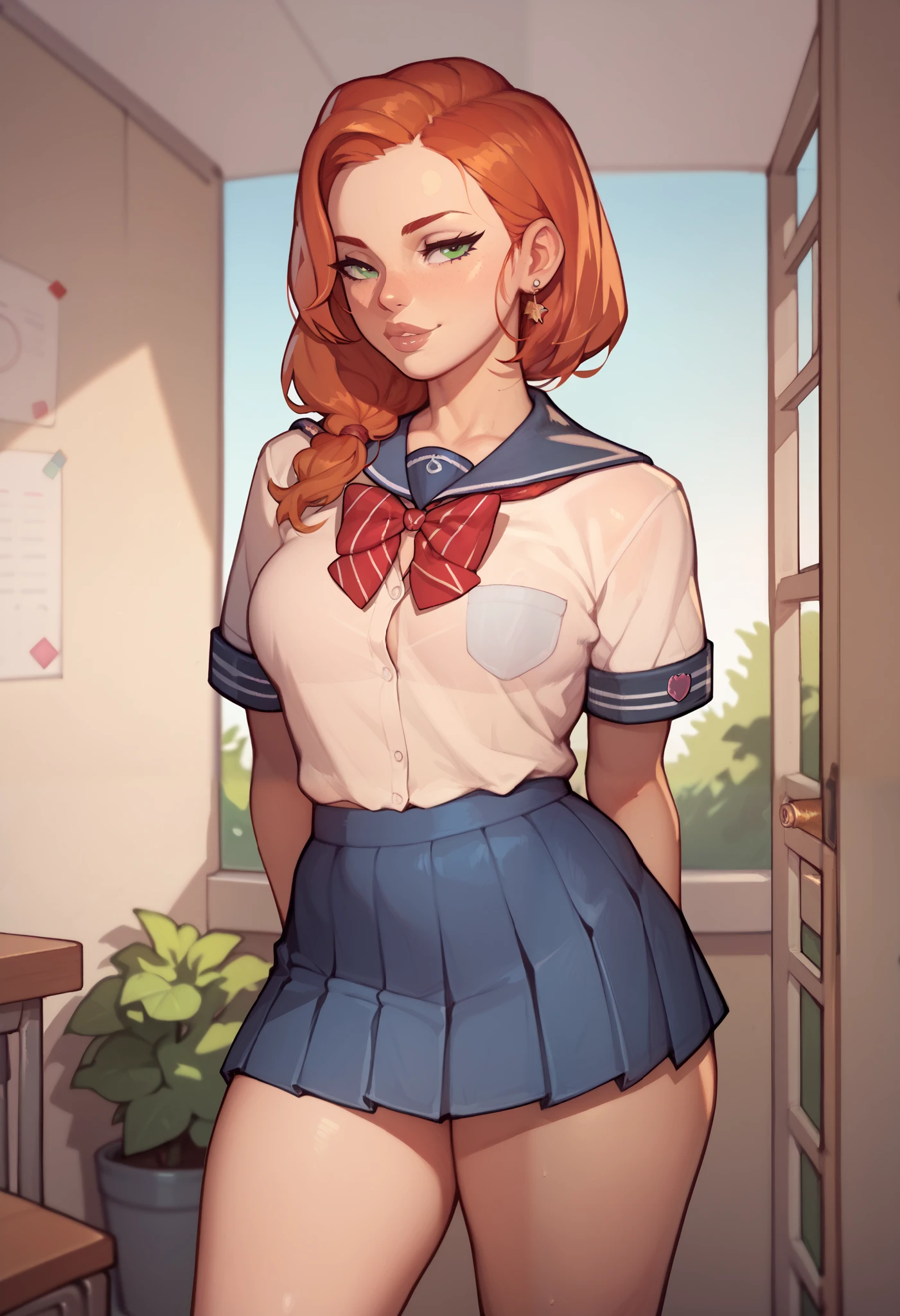 ((Best quality)), ((Artwork)), (4k)), ((uhd)), (detailed), ((small )), ((detailed skin, polka dots)), (( long red hair, bun, headband)), ((very disheveled, hair very wet, hair in the face)), cheeks very red with embarrassment. ((she is wearing a student's short-sleeved T-shirt, tight to the body, very wet, a belly is visible)), ((low-cut, cleavage)), ((torn minishort, very tight)), ((red lips, shiny lips)) , duck mouth, ((bright eyes), ((medium, sagging breasts, soft, nice butt)), ((Her face is red from a lot of sweat, opening her mouth wide, she suffers a strong orgasm, ahegao)), ( (barefoot)), at school, leaning on a desk, standing, ((spongy vagina, detailed vagina))